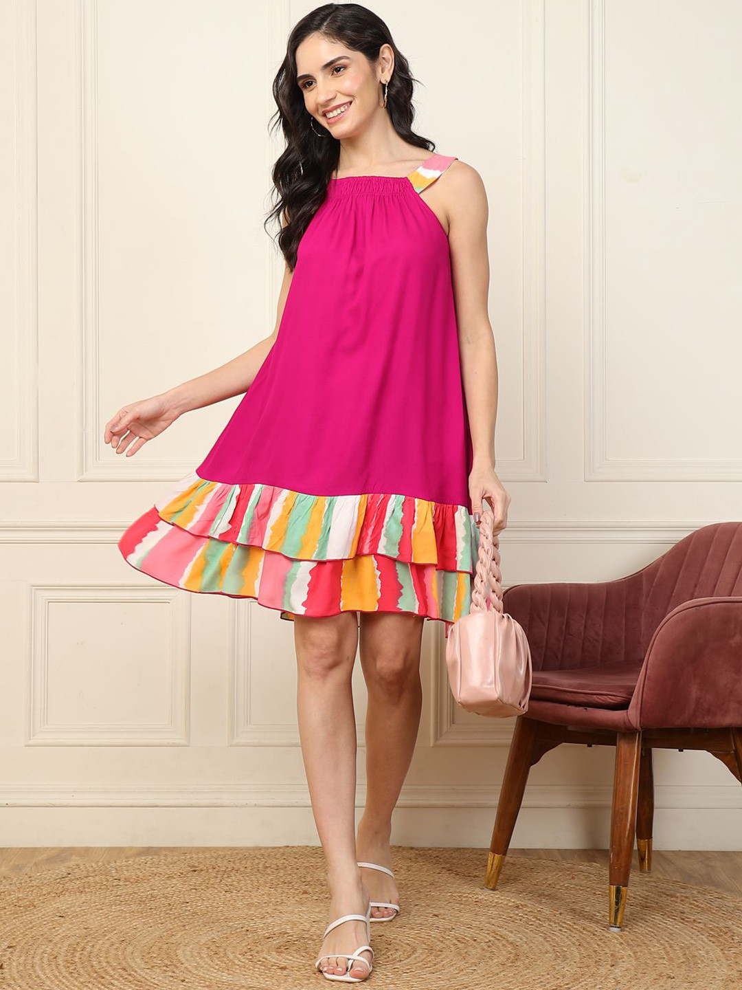 DEEBACO Women Halter Neck A-Line Dress