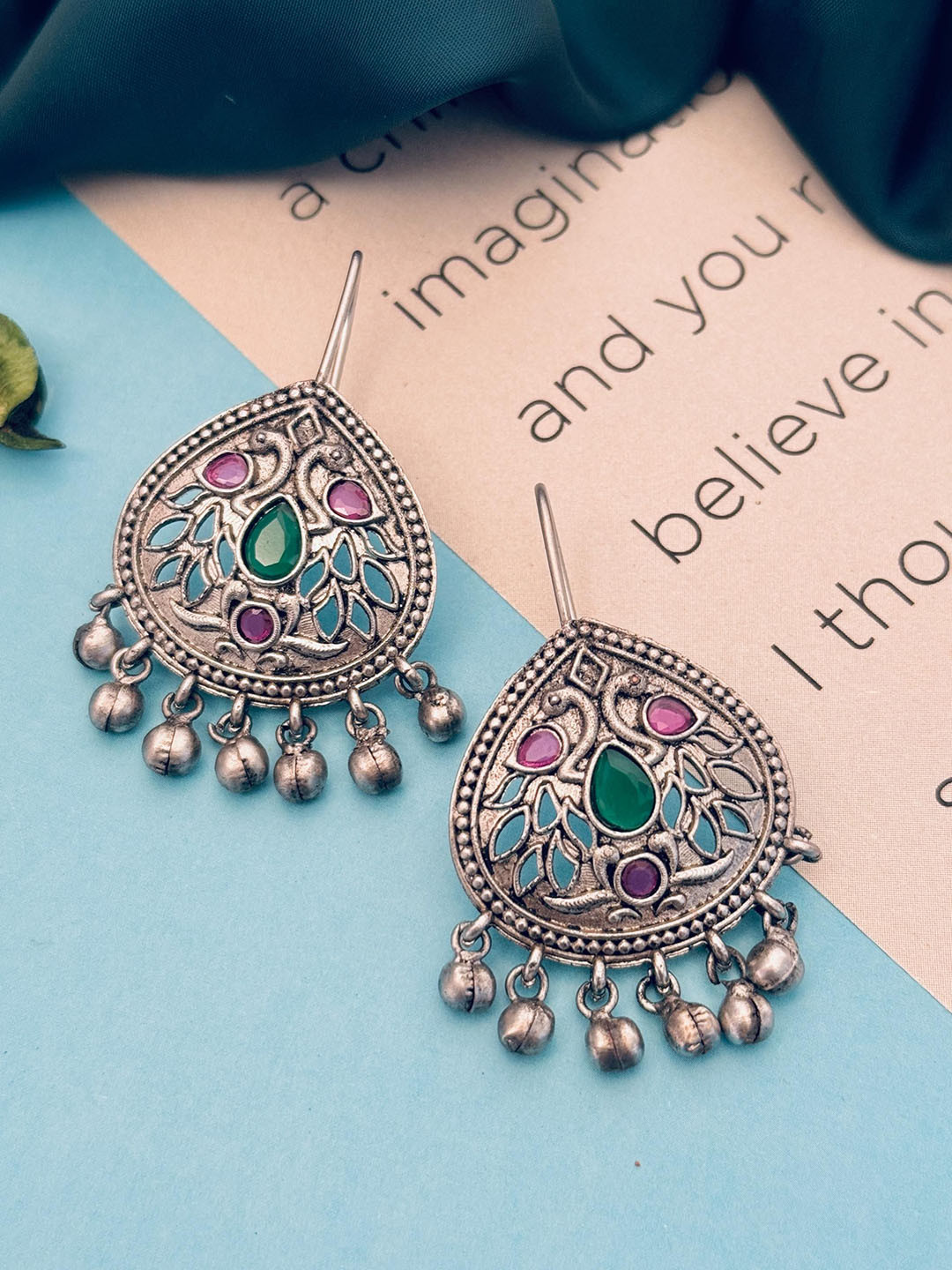 Sangria Silver Plated Stones Studded & Beaded Drop Earrings