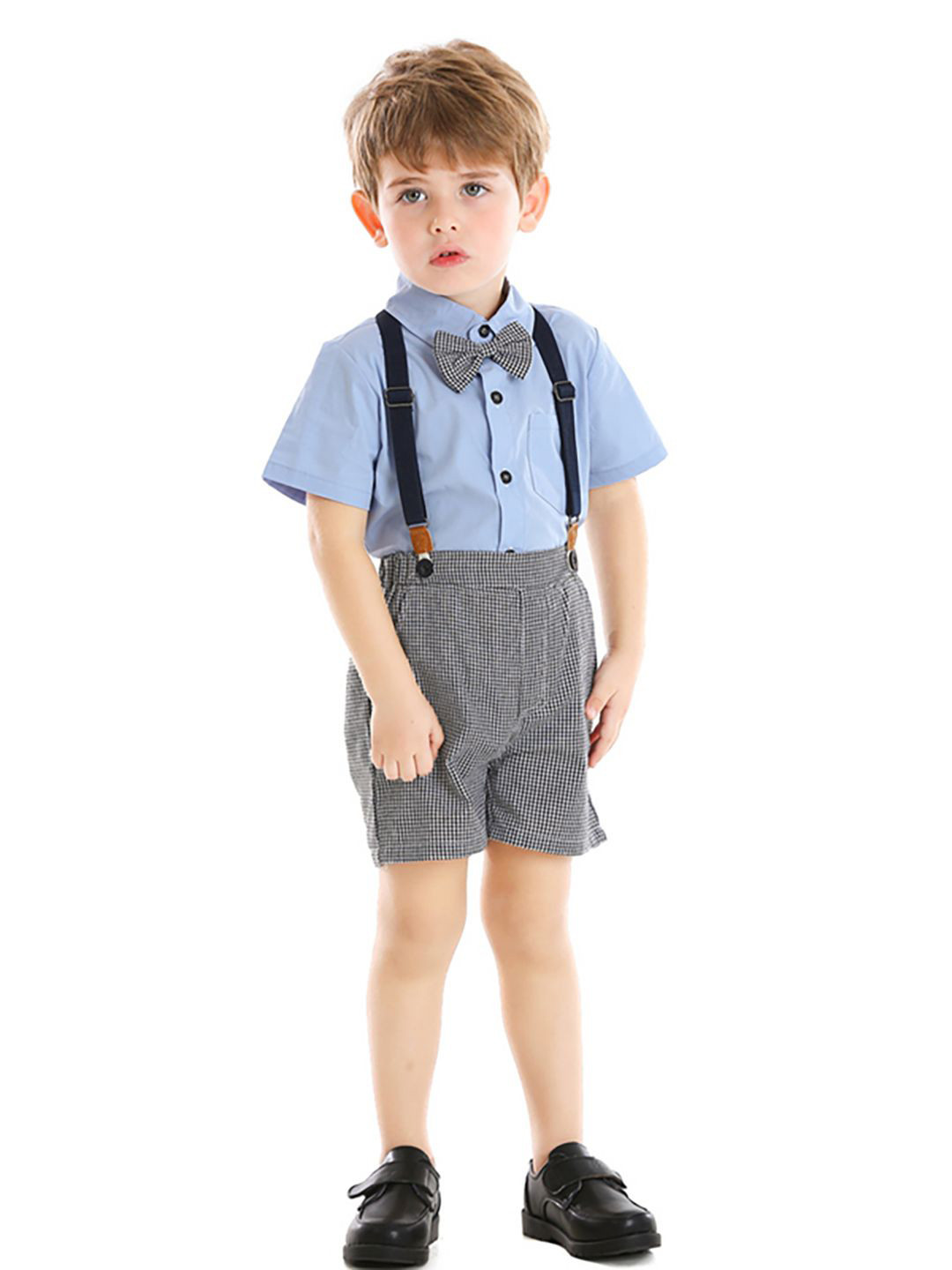 JC SPARKLE Boys Checked Short Sleeves Shirt with Shorts and Suspenders and Bow Tie