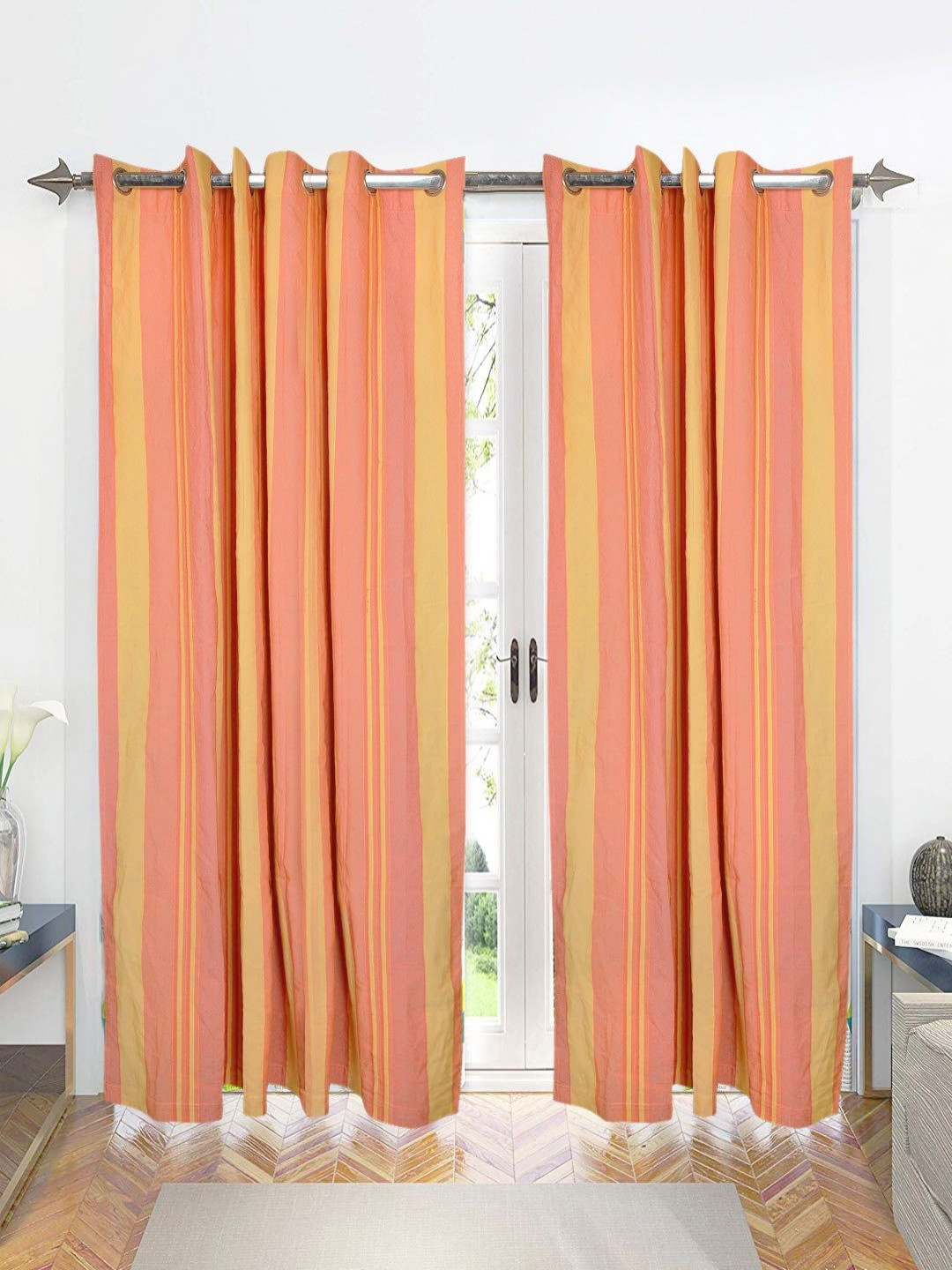 Saral Home Orange Colored 2 Pieces Striped Cotton Room Darkening Long Door Curtains