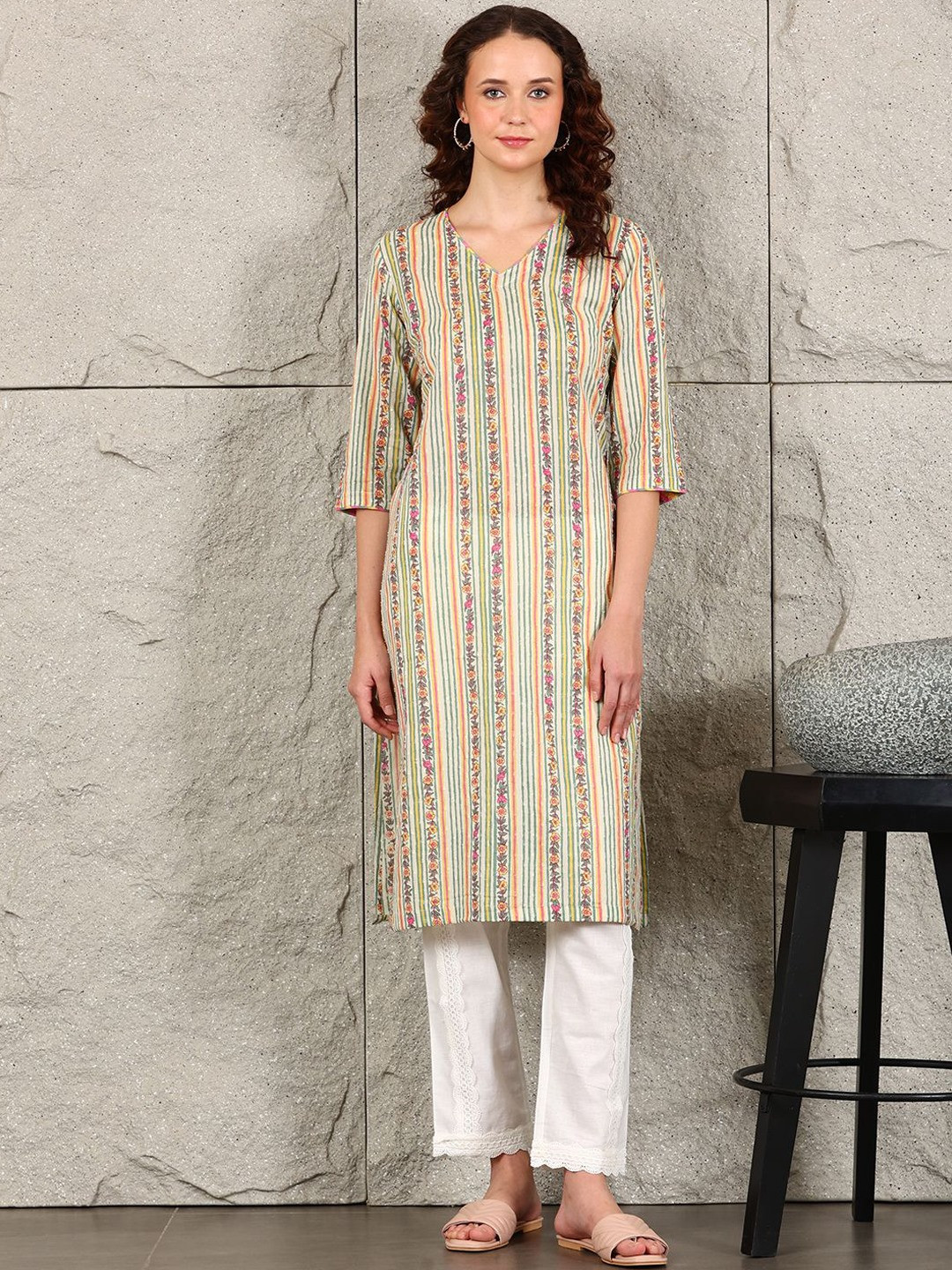 W Women Striped Flared Sleeves Dobby Weave Mirror Work Kurta