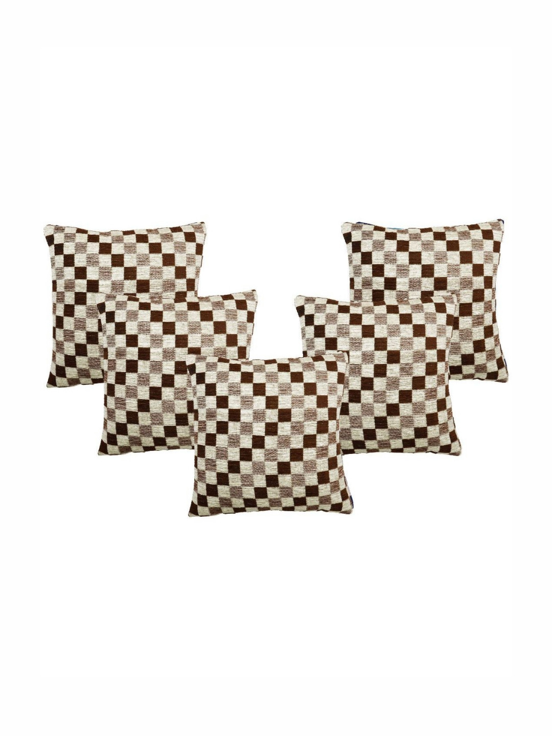 Saral Home Brown & Off White 5 Pieces Checked Square Cushion Covers