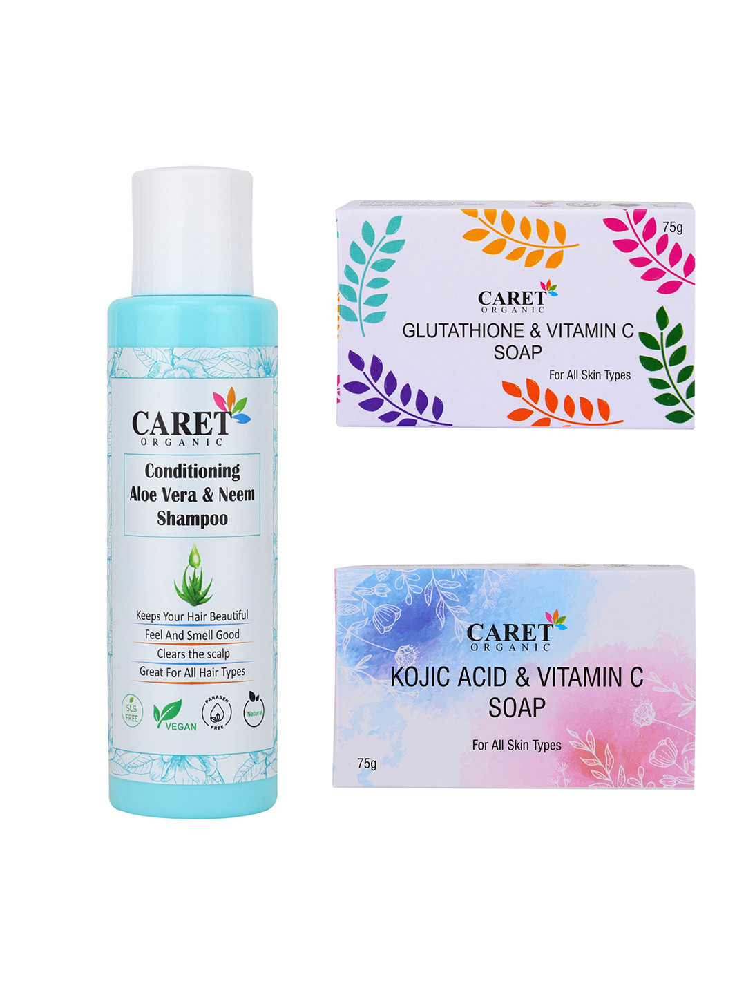 CARET ORGANIC Aloe vera Shampoo, Vitamin C & Glutathione Soap Combo