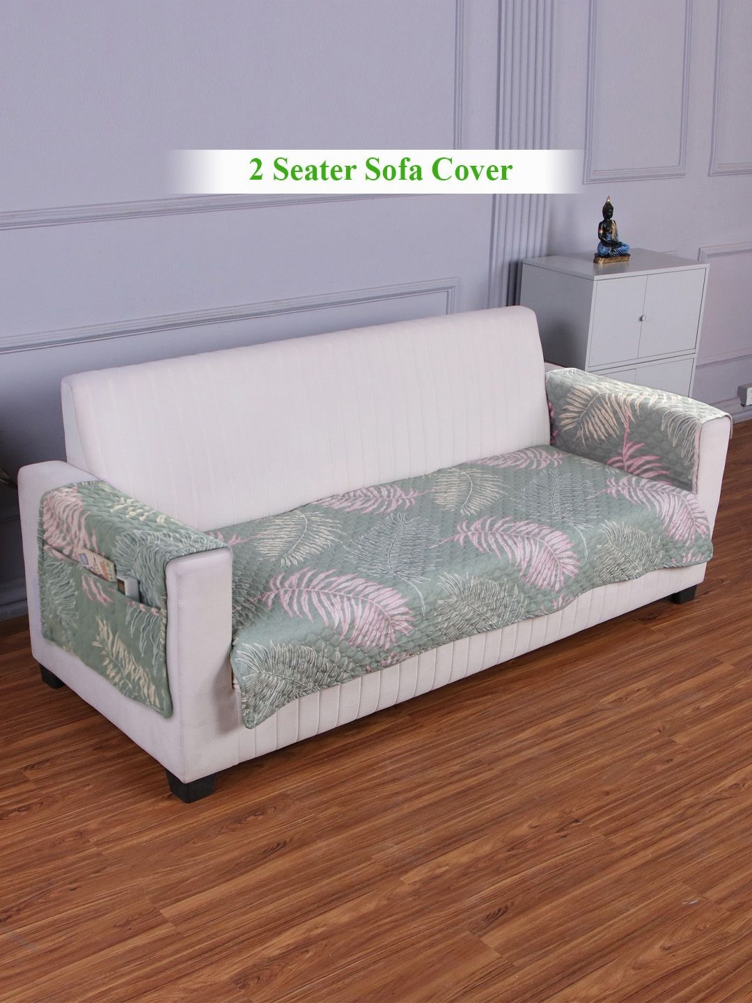 HOKIPO Green & Off White Printed Polyester 2 Seater Sofa Seat Mat & 2 Armrest Covers