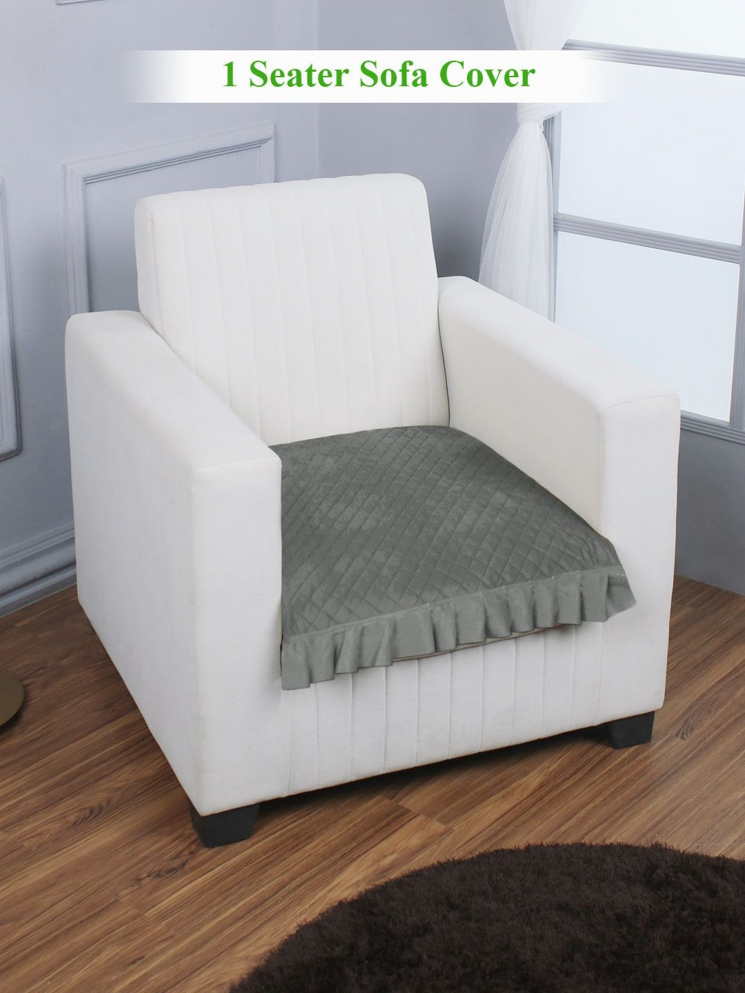 HOKIPO Grey Self Design Holland Velvet 1 Seater Sofa Cover