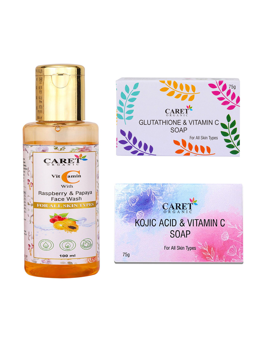 CARET ORGANIC Raspberry & Papaya Face Wash, Glutathione Soap & Vitamin C & Kojic Acid Soap