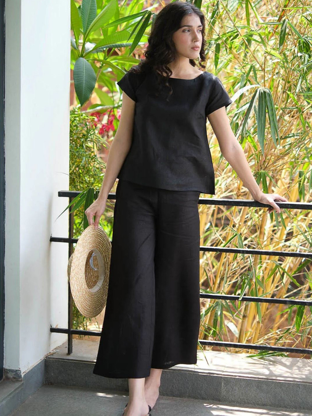 Creatures of Habit Women Linen Co-ord Set with Boat Neck Top and Wide Leg Pants