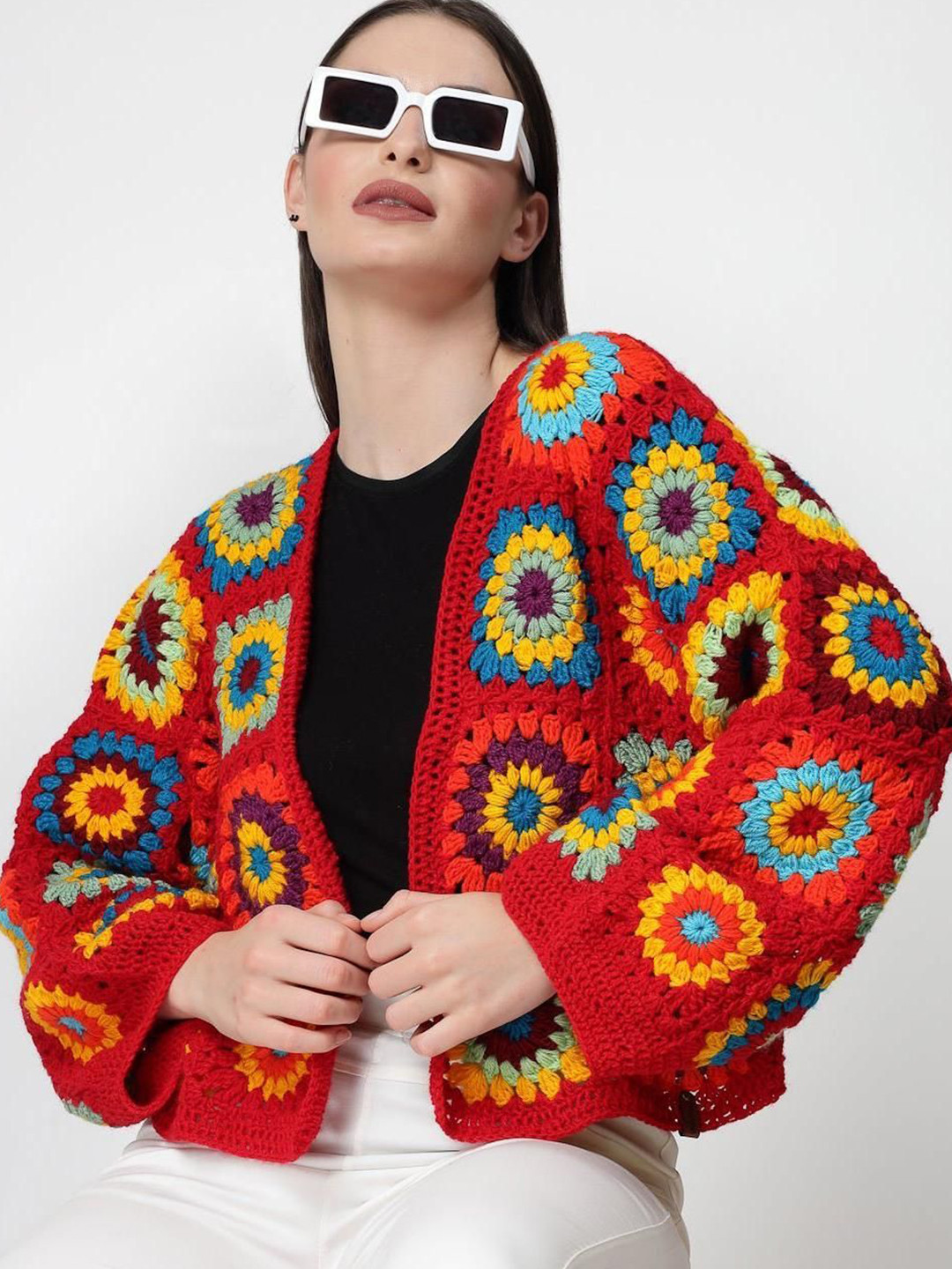 Sugercandy Women Embroidered Self Design Woollen Crochet Front-Open Sweaters
