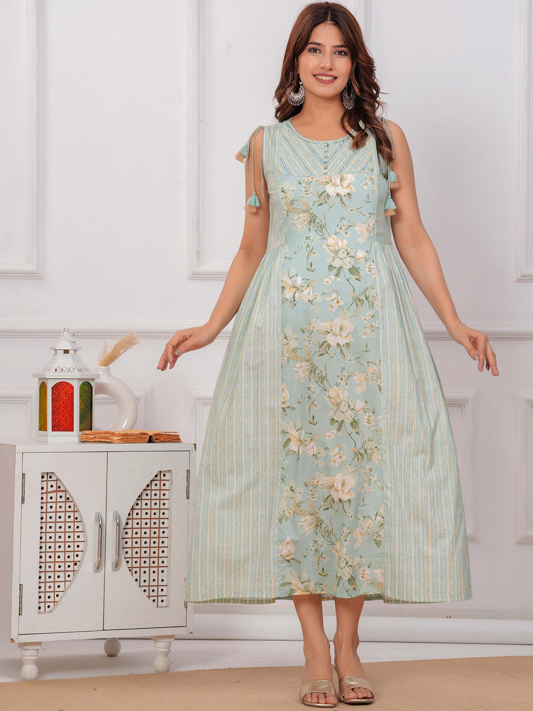 Meeranshi Printed A-Line Maternity & Feeding Cotton Midi Ethnic Dress