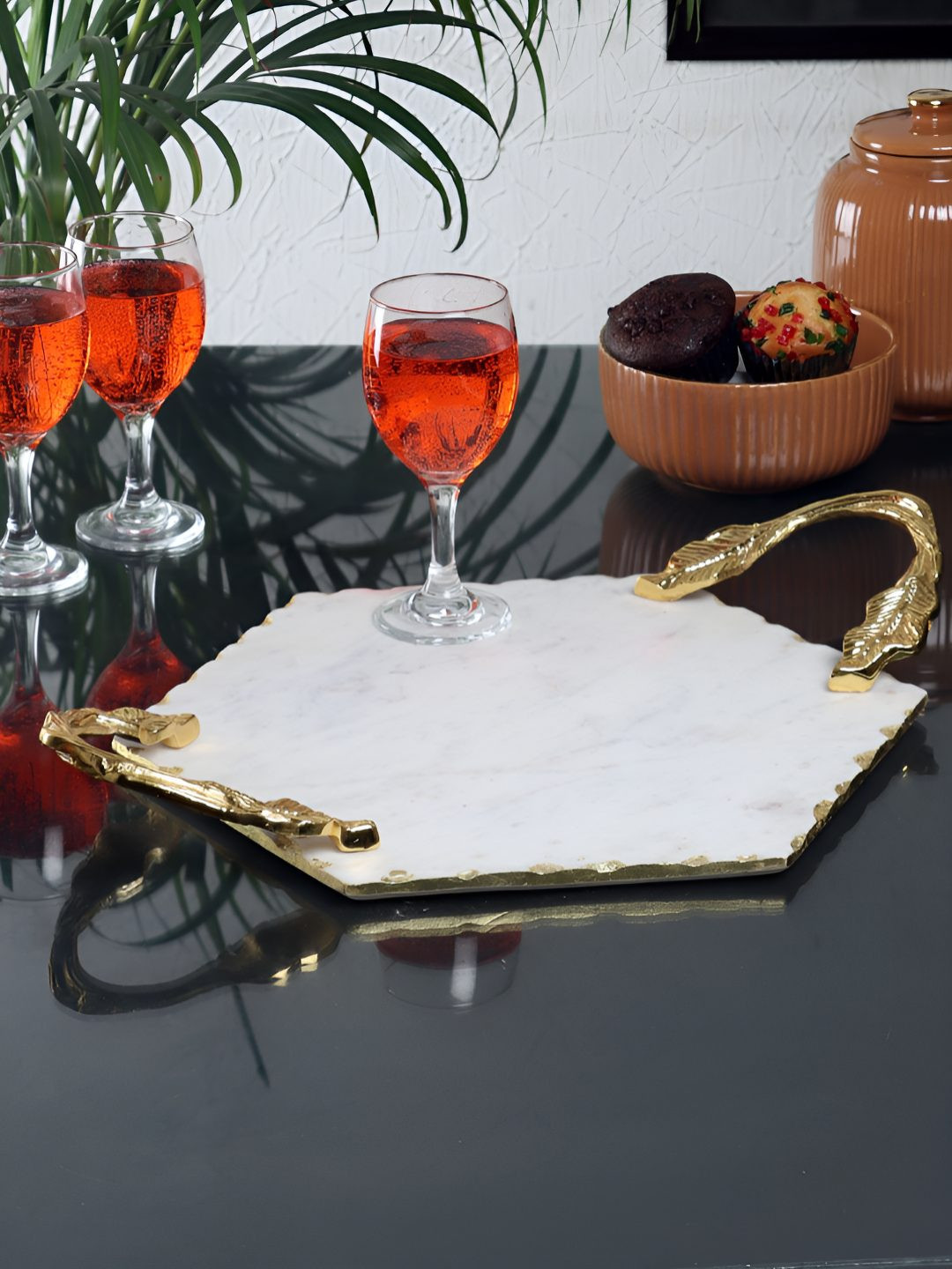 NikkisPride White & Gold Toned Finish Hexagon Shaped Marble Easy to Clean Serving Tray