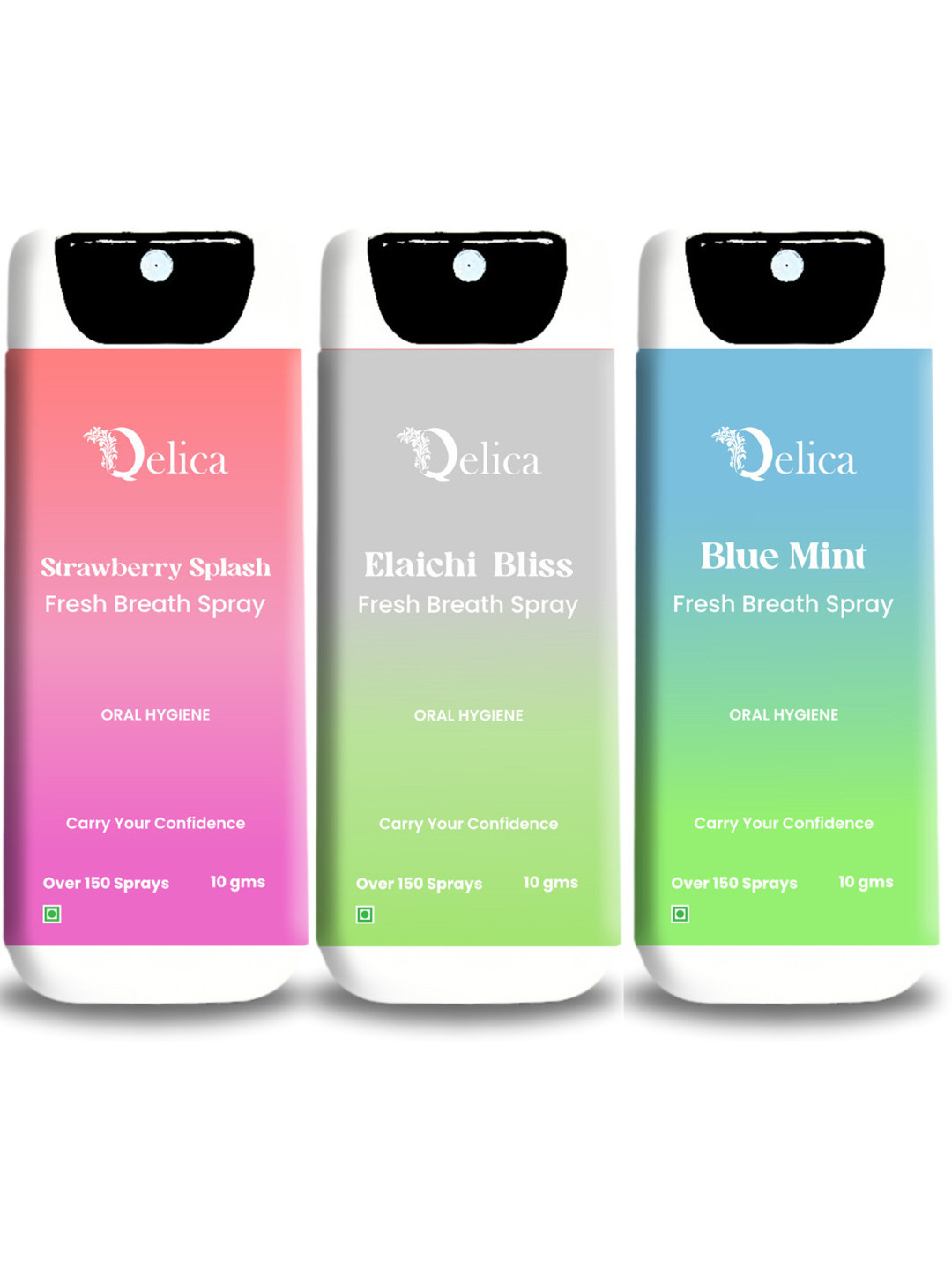 Qelica Set Of 3 Strawberry Splash Elaichi Bliss & Blue Mint Fresh Breath Spray-10g Each
