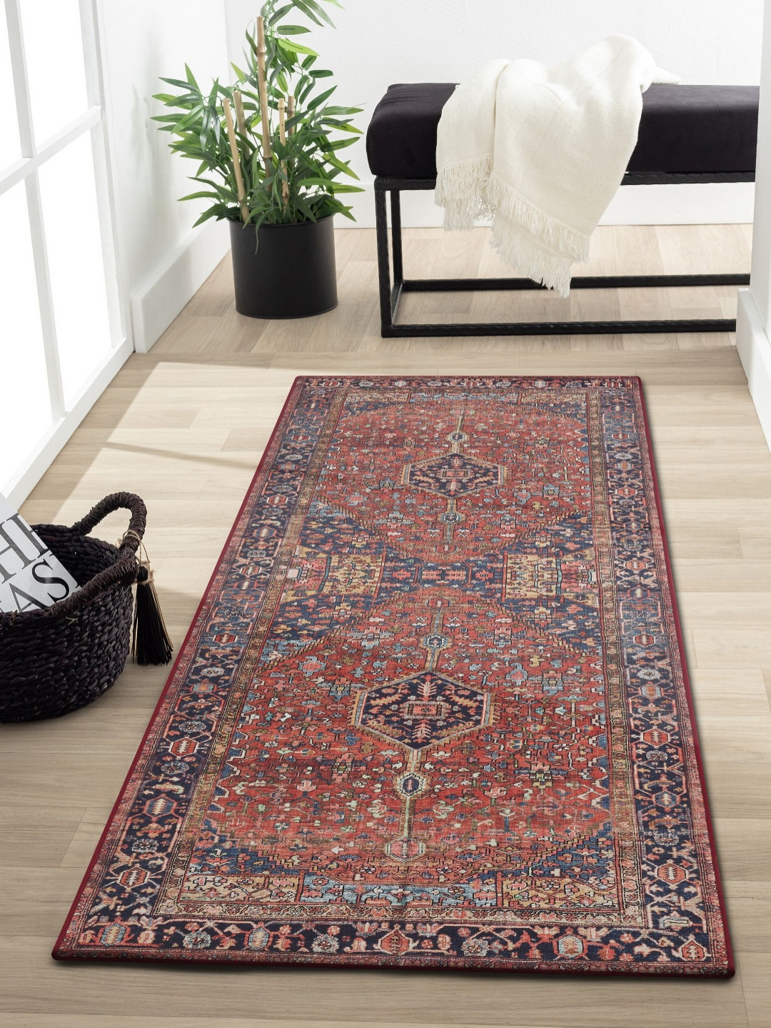 OBSESSIONS Rust Colored & Navy Blue Ethnic Motifs Water Repellent Bedside Runners