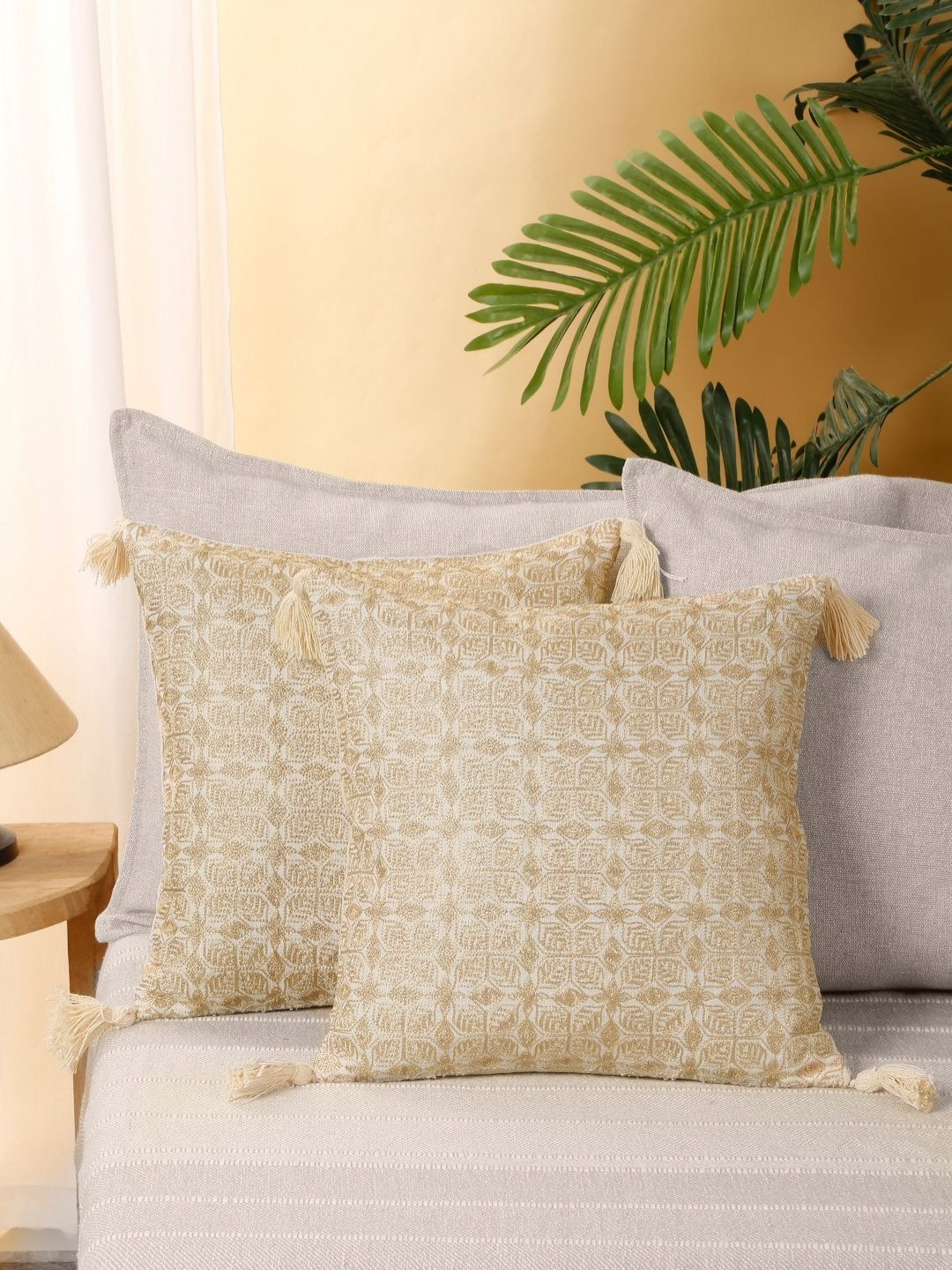 eyda Beige Poly Linen Breathable 2 Piece Embroidered Square Cushion Covers -16x16In