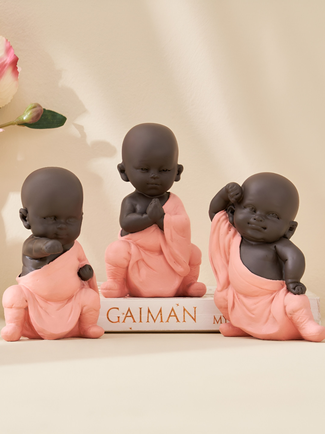 Home Centre Mini Monks Brown Polyresin Natural Living Room Set of 3 Tiny Showpieces - 4.7 Inches