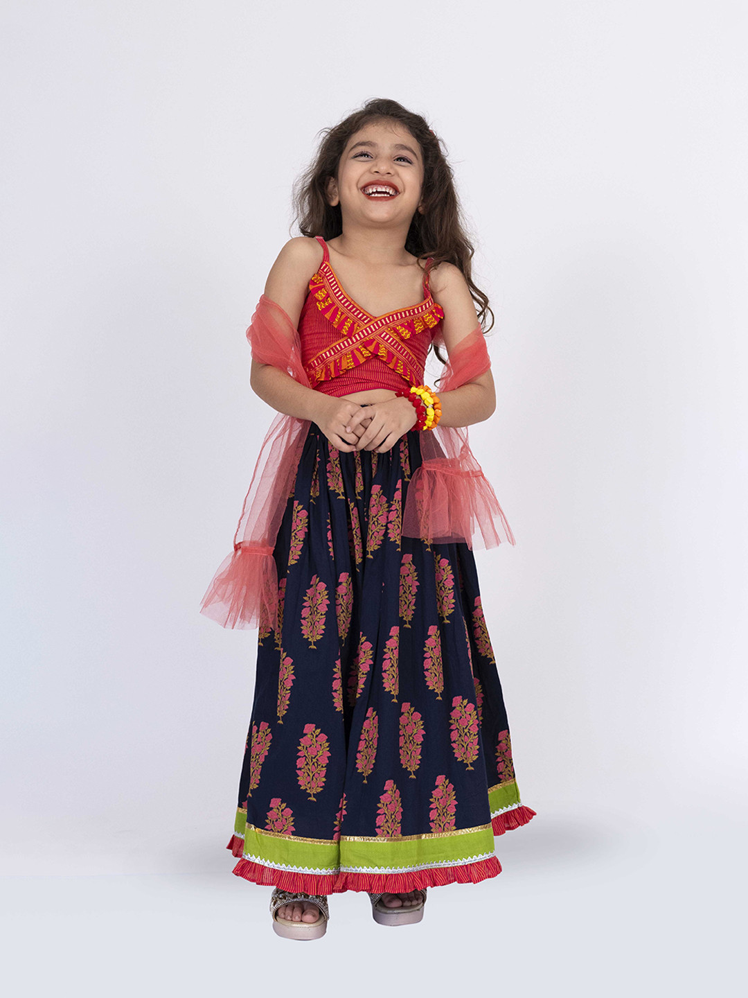 Twisha Girls Striped Printed Gotta Patti Cotton Frilled Top With Lehenga & Dupatta