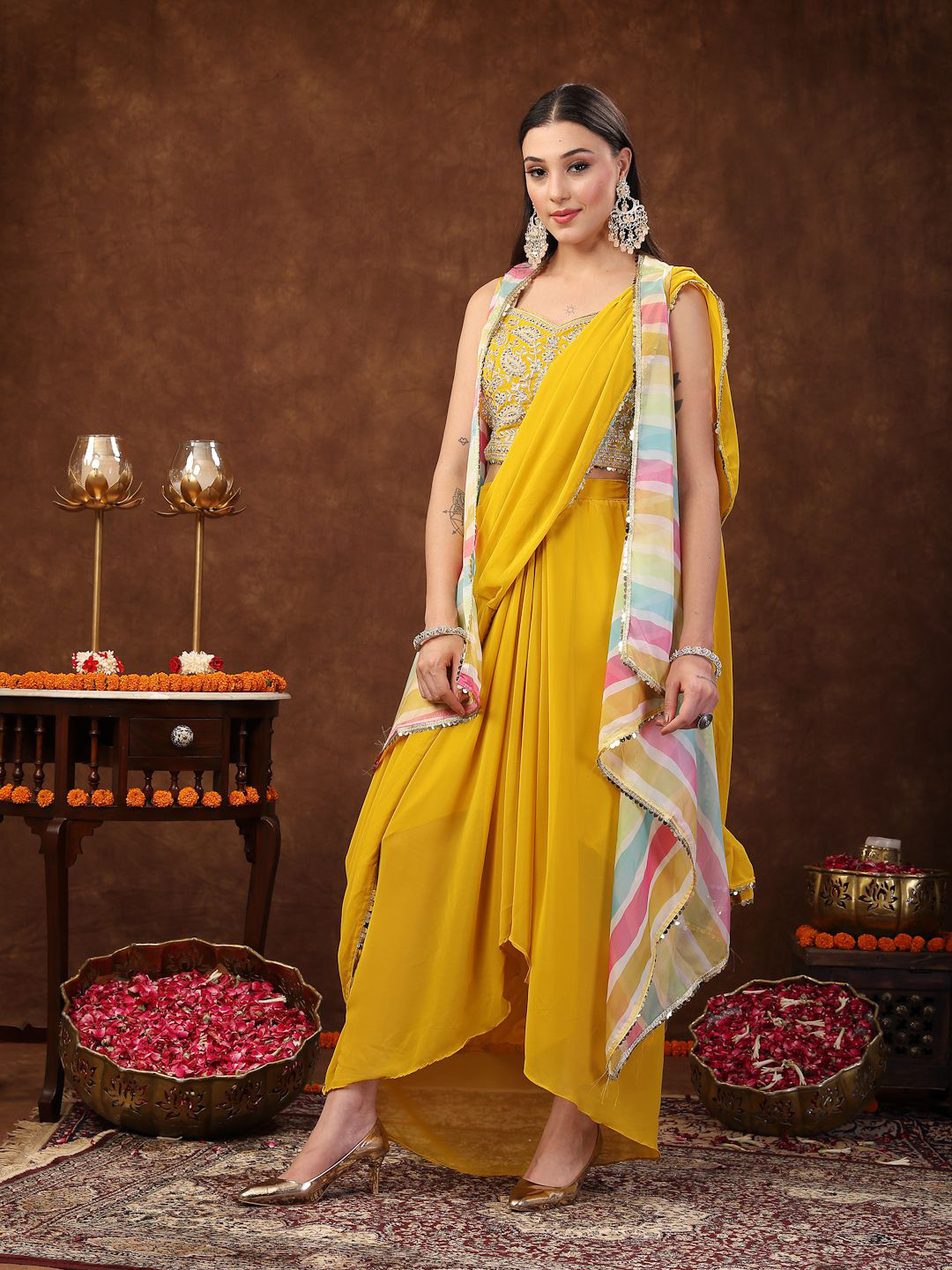 Stylum Pink Embellished Sequinned Ready to Wear Draped Lehenga & Blouse with Jacket