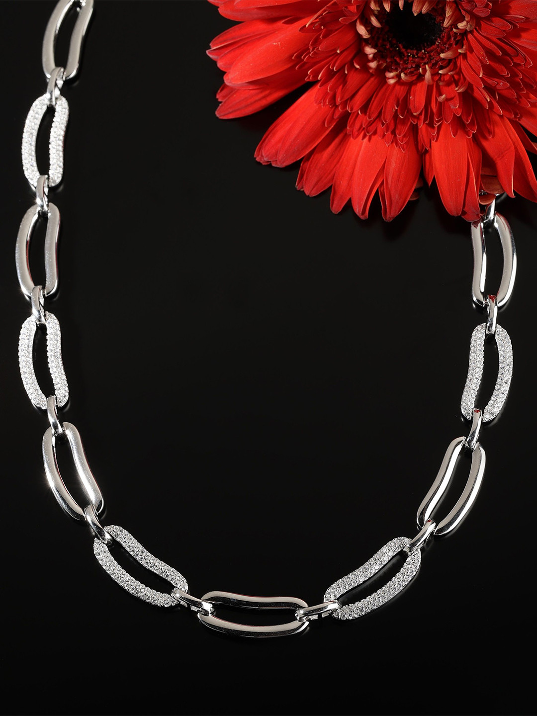 DIAVO 925 Sterling Silver Rhodium-Plated Cubic Zirconia Baroque Cascade Necklace