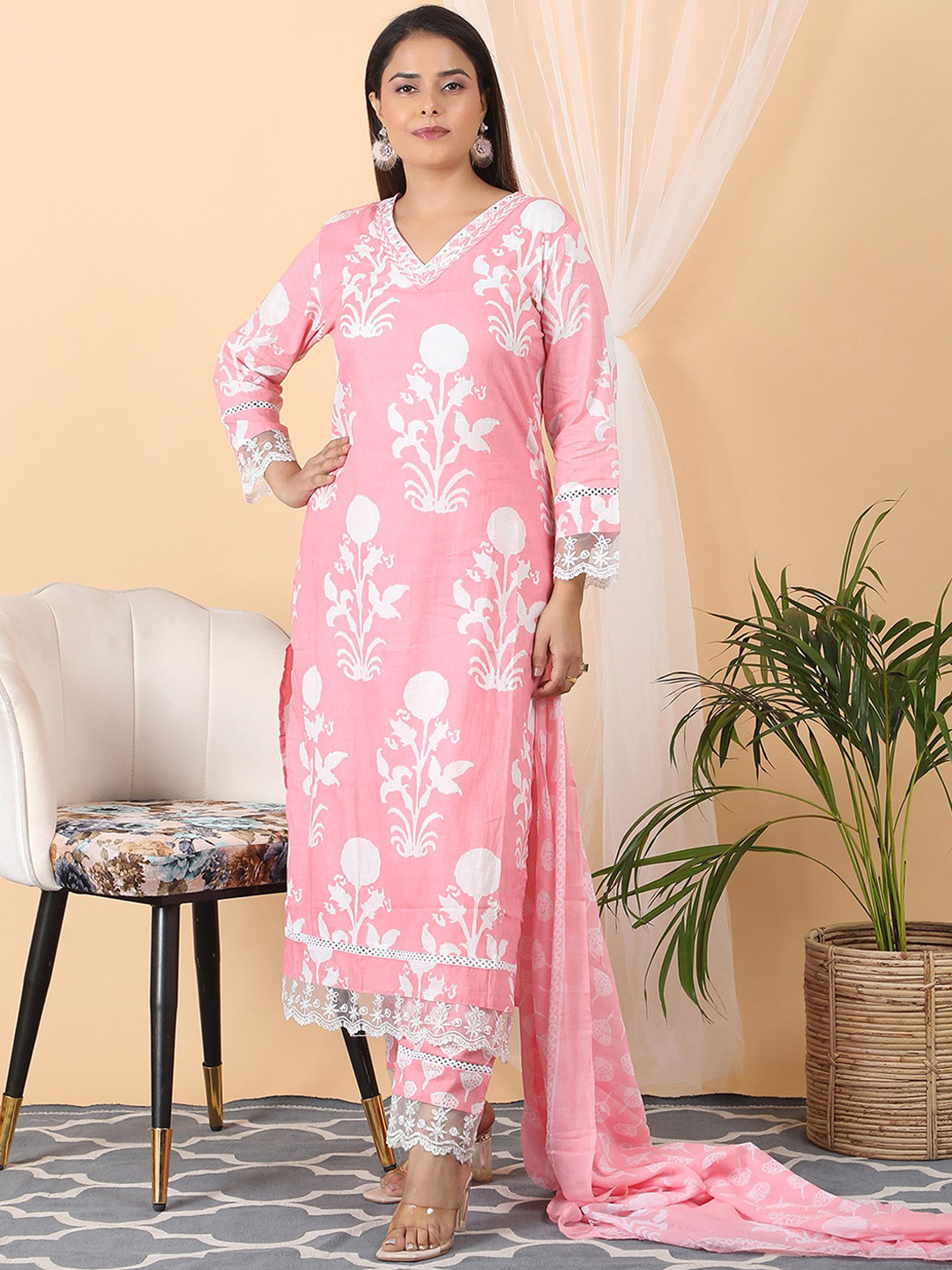 SHIFORY Women Floral Printed Regular Pure Cotton Kurta with Trousers & With Dupatta