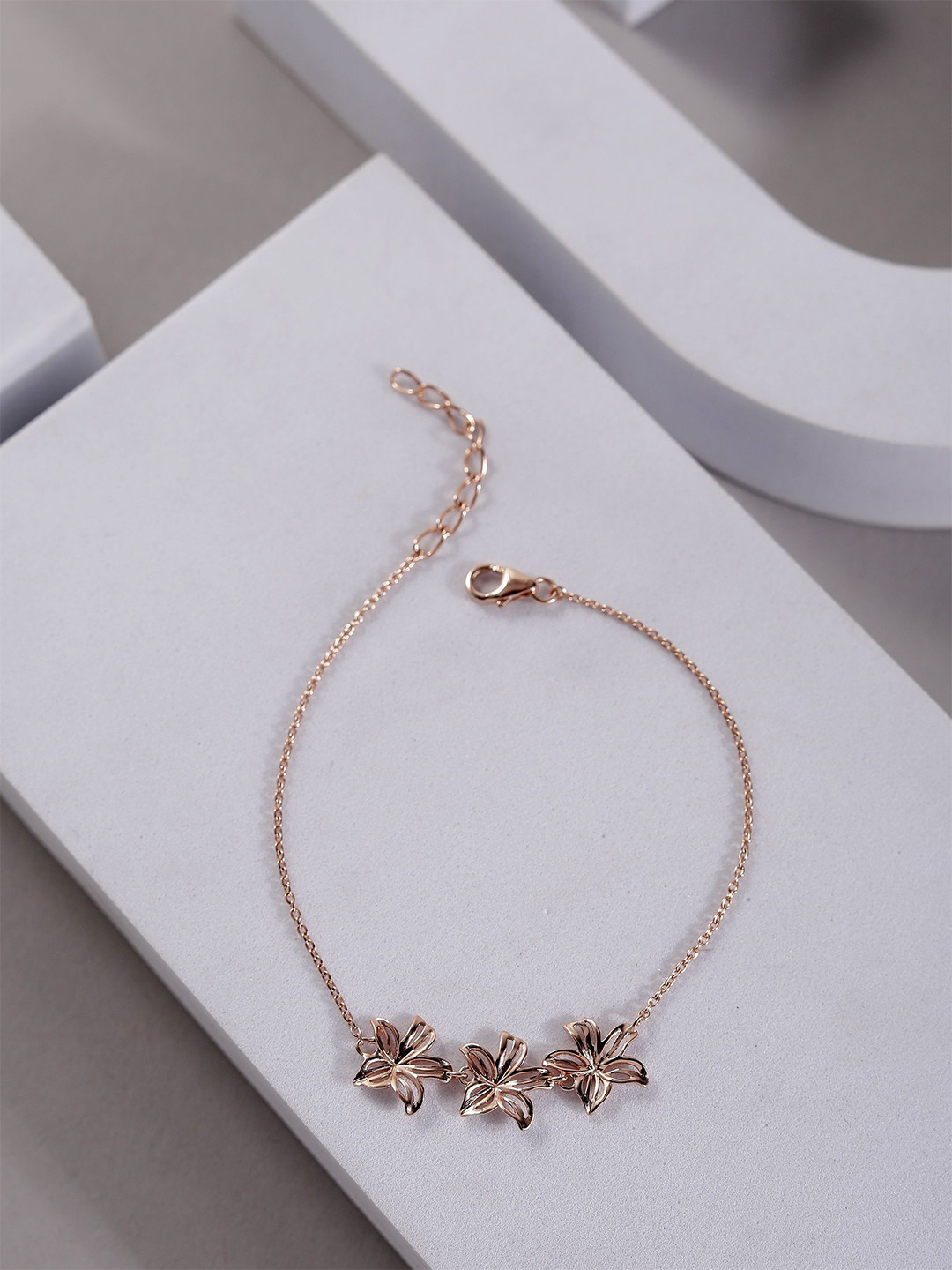 DIAVO 925 Sterling Silver Rose Gold-Plated Floral Bliss Link Bracelet