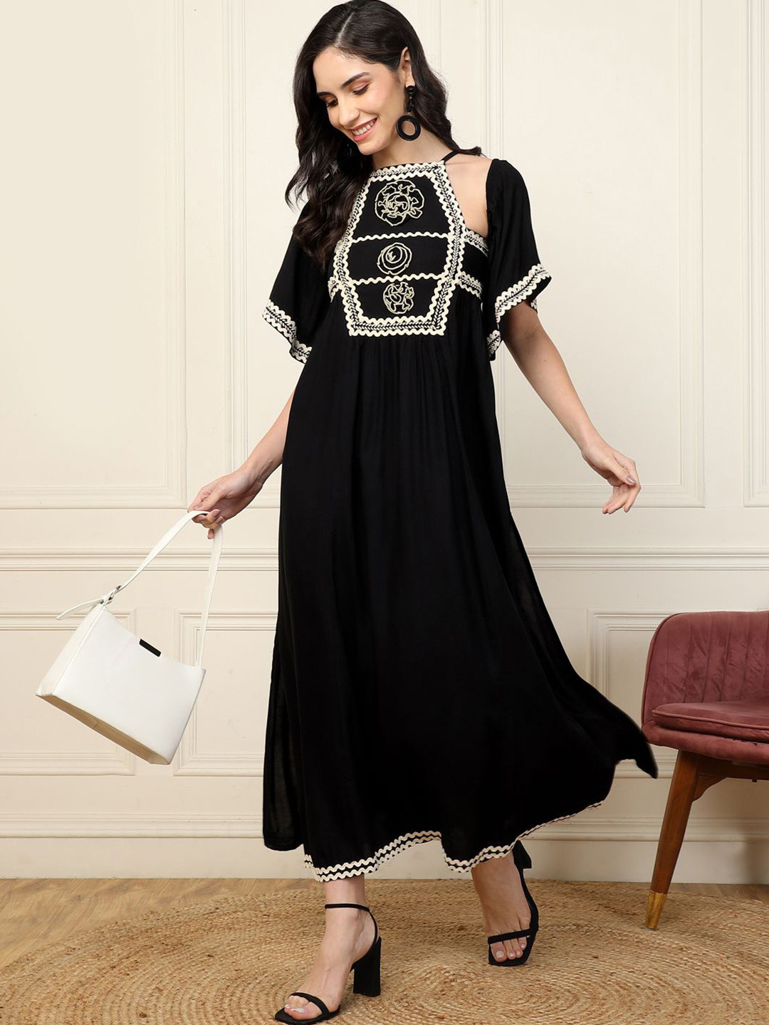 DEEBACO Women Solid Halter Neck Bell Sleeve Fit & Flare Maxi Dress