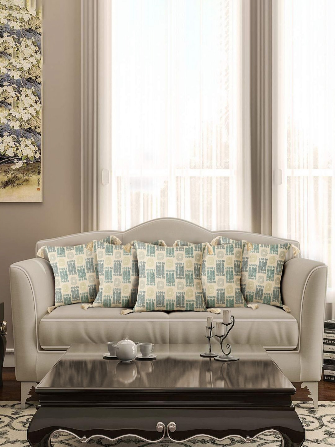 eyda Beige Geometric Poly Linen Washable 5 Piece Square Cushion Covers -16x16In