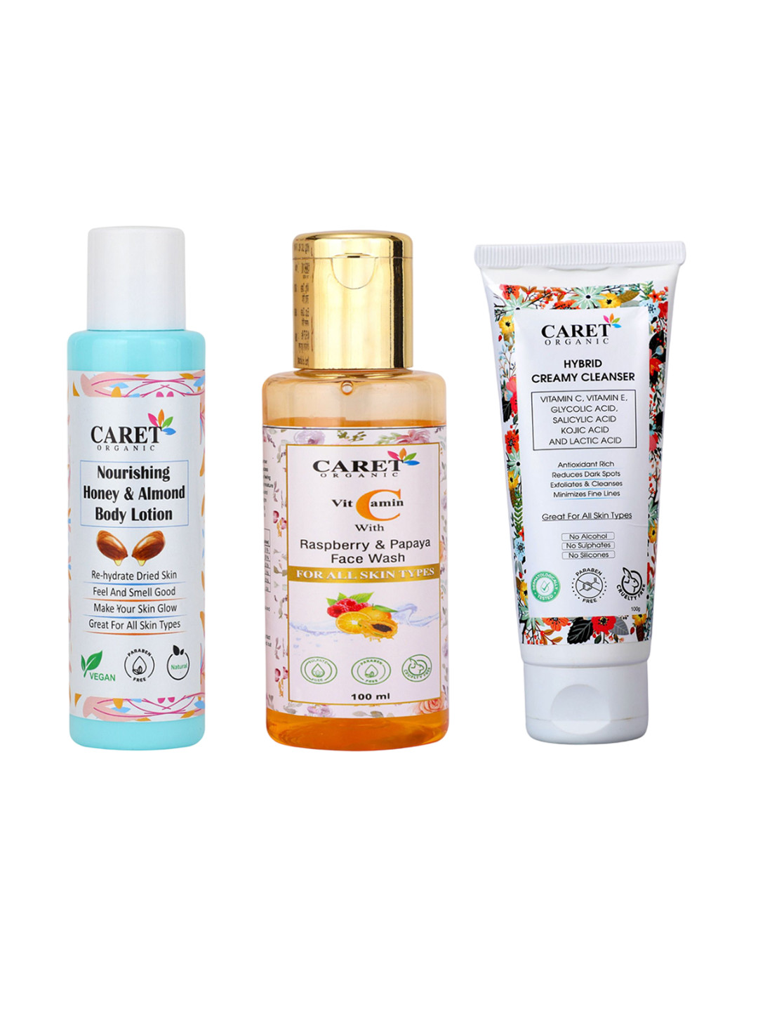 CARET ORGANIC Honey & Almond Body Lotion, Vitamin C Face Wash & Creamy Cleanser