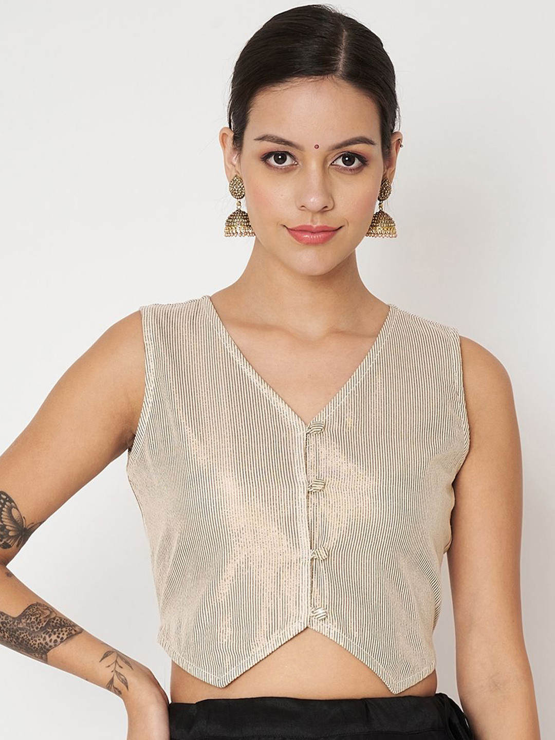 studio rasa Women Vertical Striped V-Neck Silk Blend Top