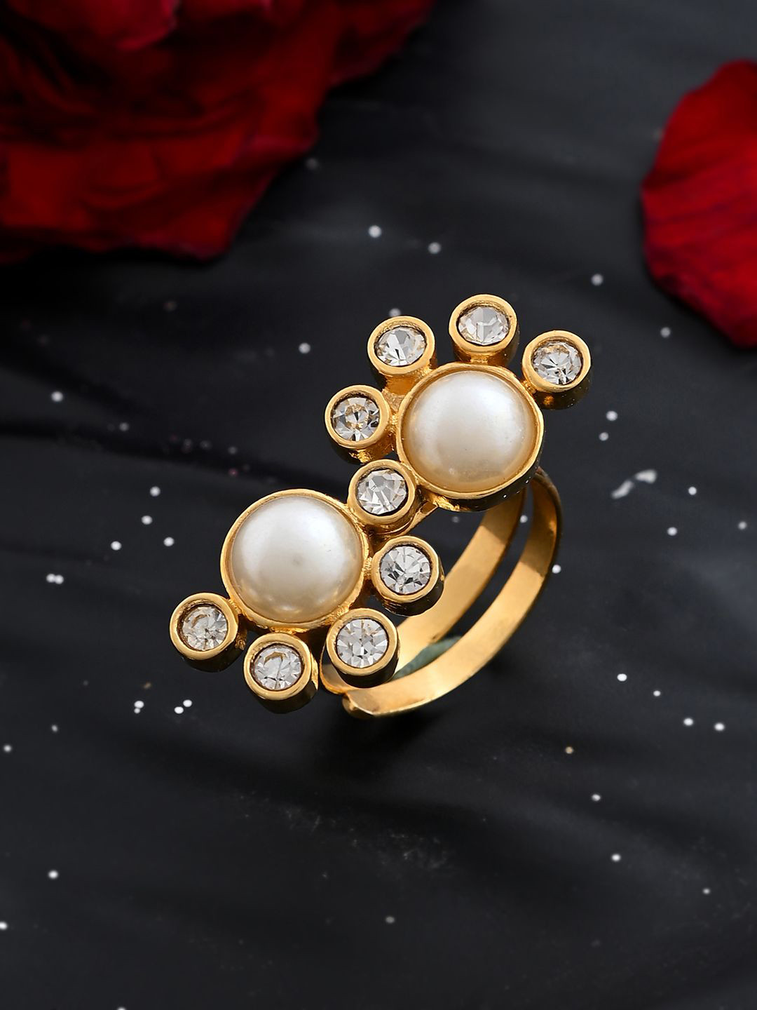 House of Pataudi Gold-Plated Cubic Zirconia Studded & Pearls Beaded Finger Ring