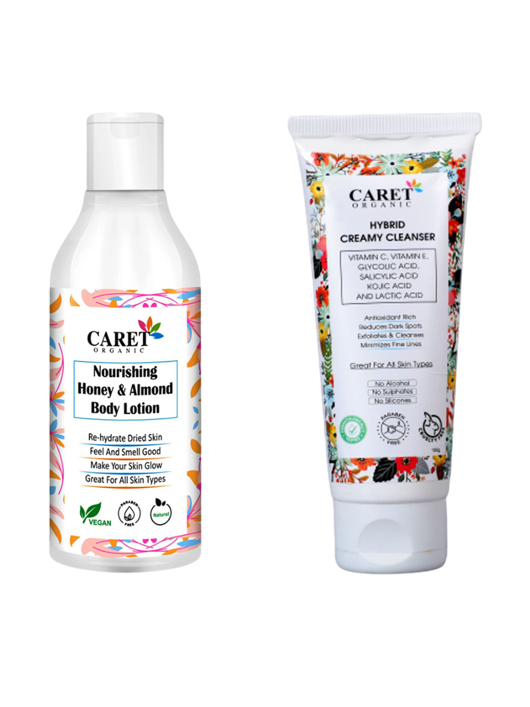 CARET ORGANIC Honey & Almond Body Lotion - 100 ml & Hybrid Creamy Cleanser Face Wash-50 ml