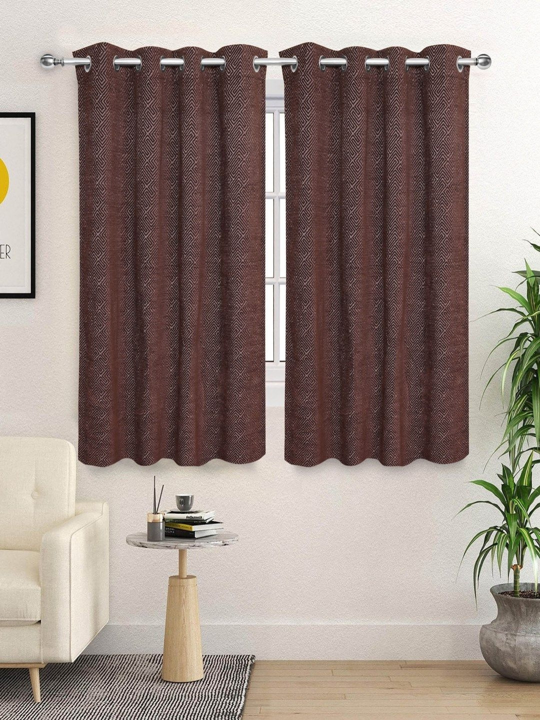 Saral Home Brown 2 Pieces Pacman Woven Design Black Out Window Curtains