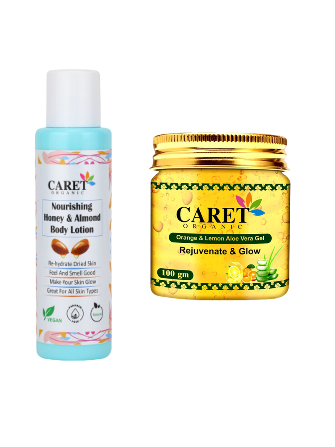 CARET ORGANIC Honey & Almond Body Lotion & Orange & Lemon Aloe Vera Gel