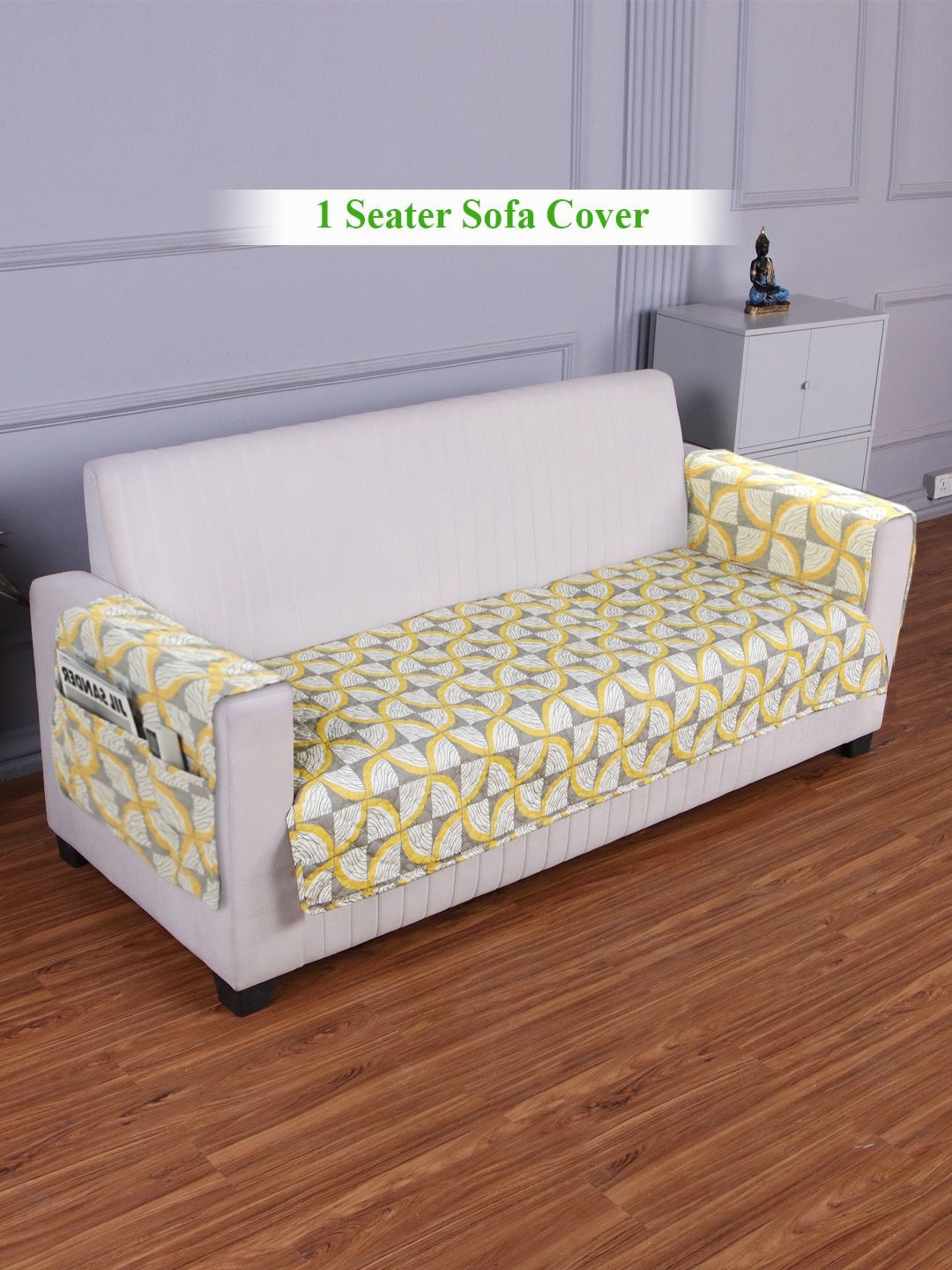 HOKIPO Yellow & Grey Print Polyester 1 Seater Sofa Seat Mat & Armrest Covers with Pockets