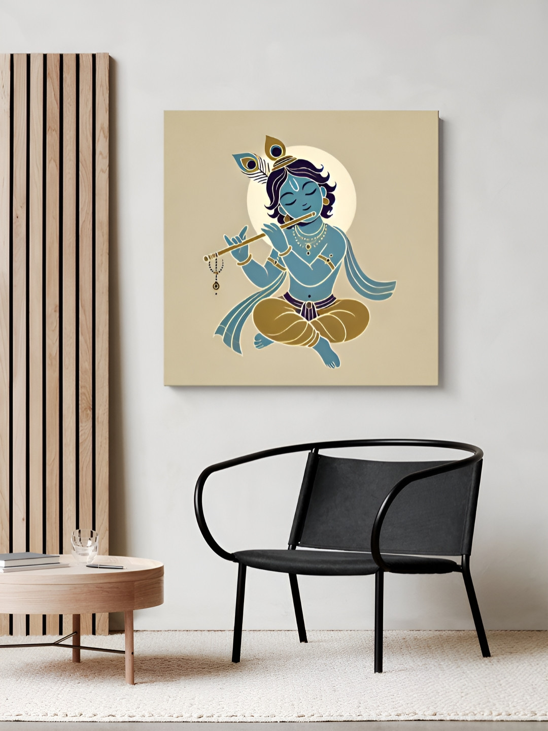 999Store Off White & Blue Baby Krishna Flute Religious Canvas Painting Wall Art