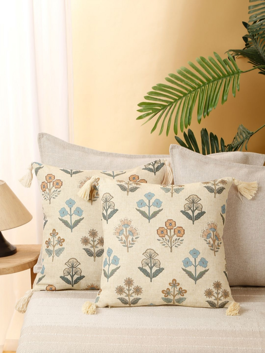 eyda Beige Floral Poly Linen Breathable 2 Piece Square Cushion Covers -16x16In