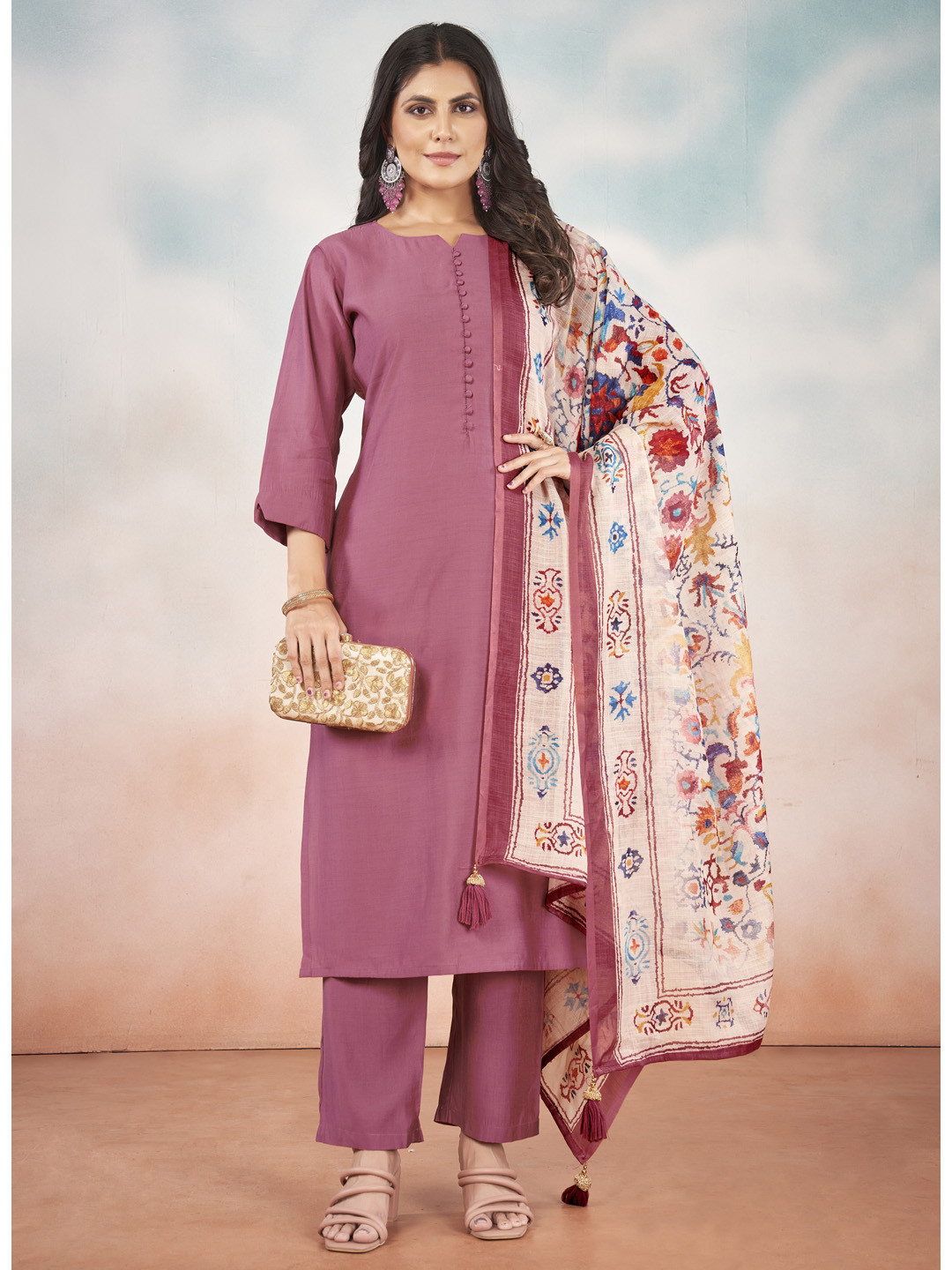 STYLE SAMSARA Notch Neck Art Silk Regular Straight Kurta with Trousers & Dupatta