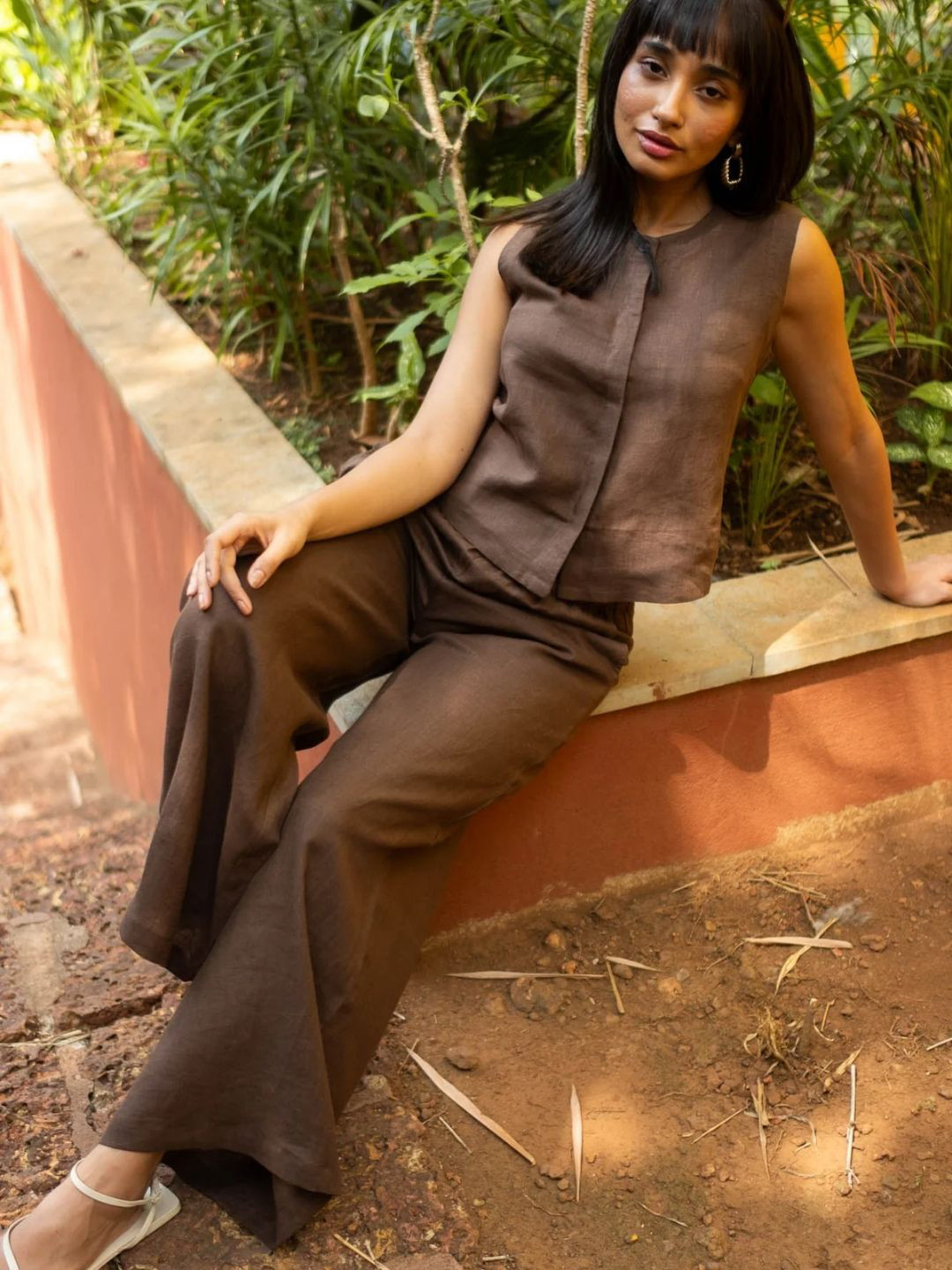 Creatures of Habit Women Linen Co-ord Set with Sleeveless Shirt and Oversized Pants