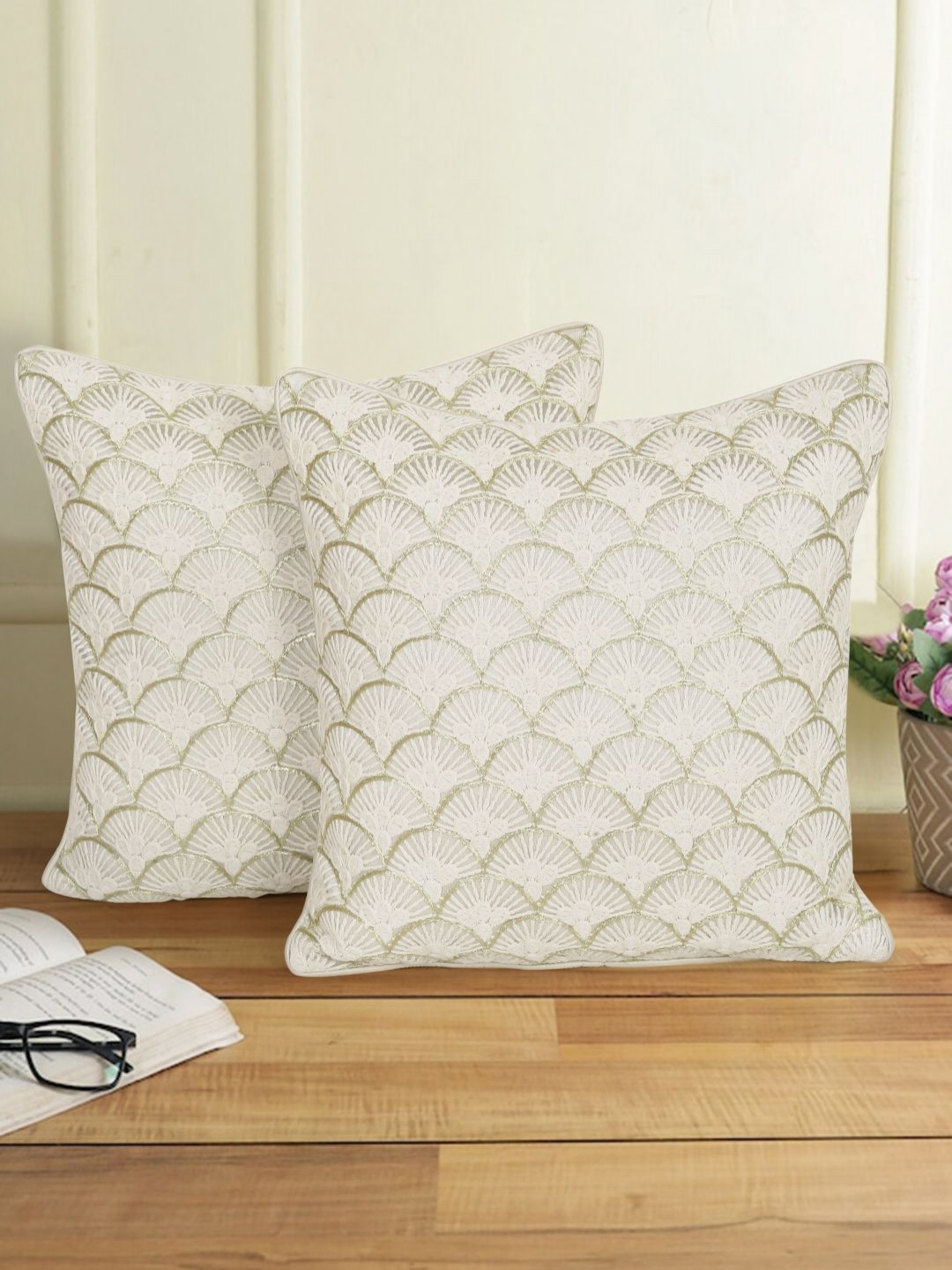 eyda Cream 2 Pieces Embroidered Square Cushion Covers