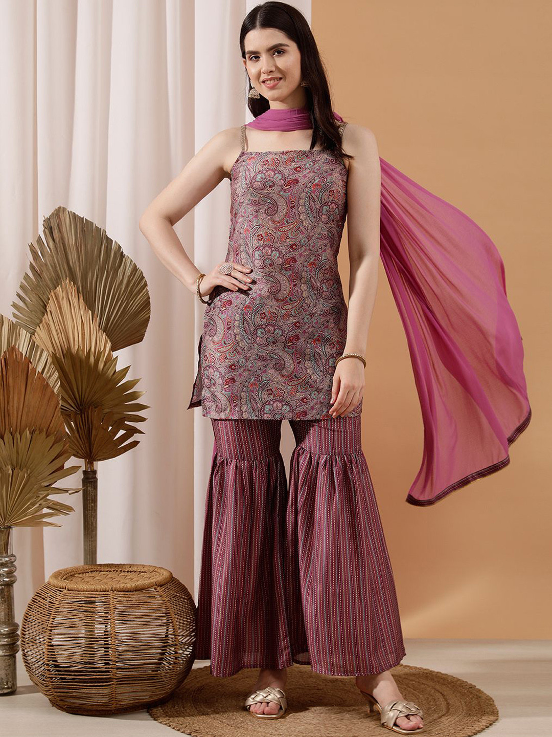 indo street Women Paisley Printed Regular Silk Crepe Kurti with Sharara & With Dupatta