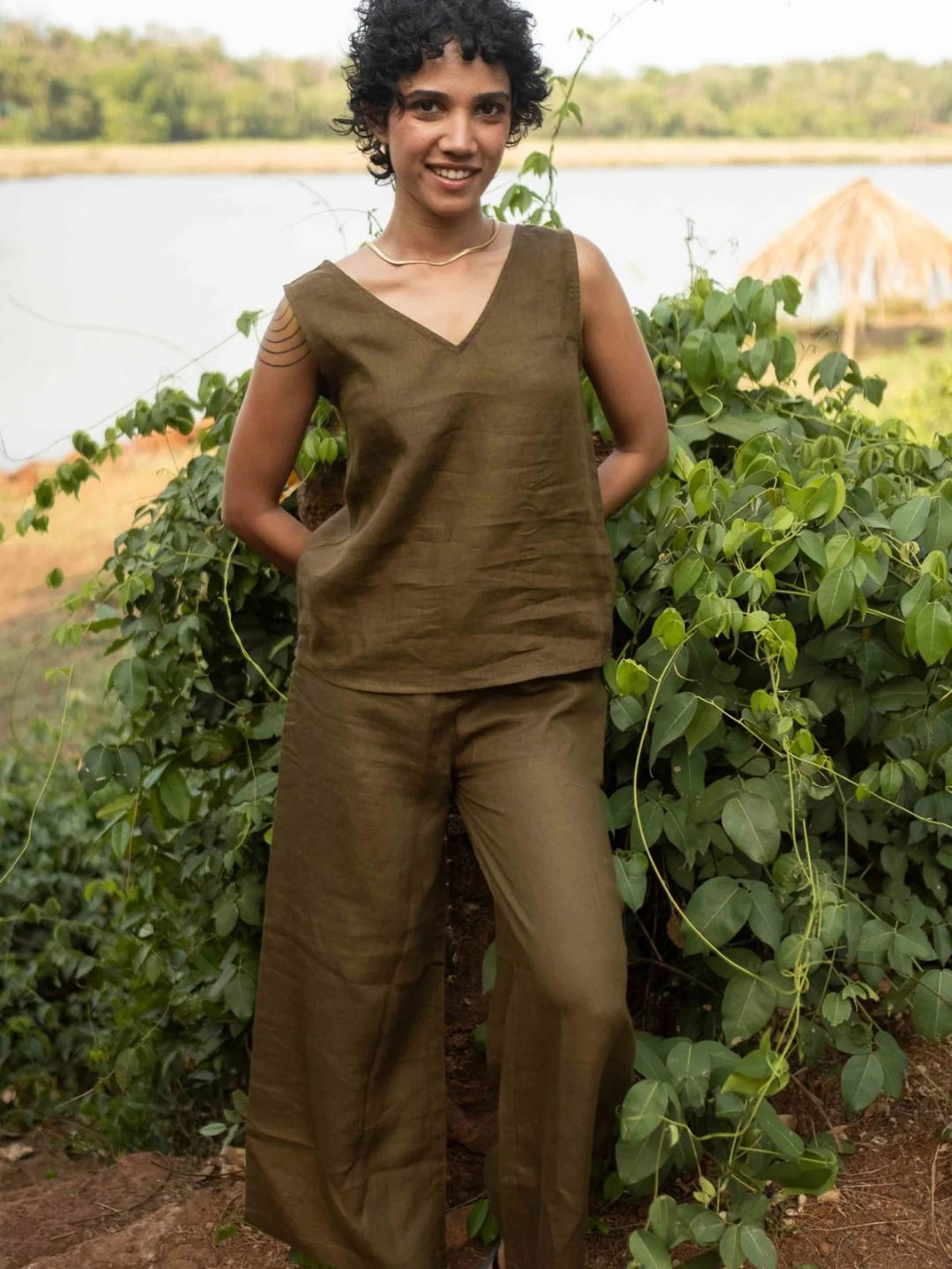 Creatures of Habit Women Linen Co-ord Set with V Neck Tank and Oversized Pants