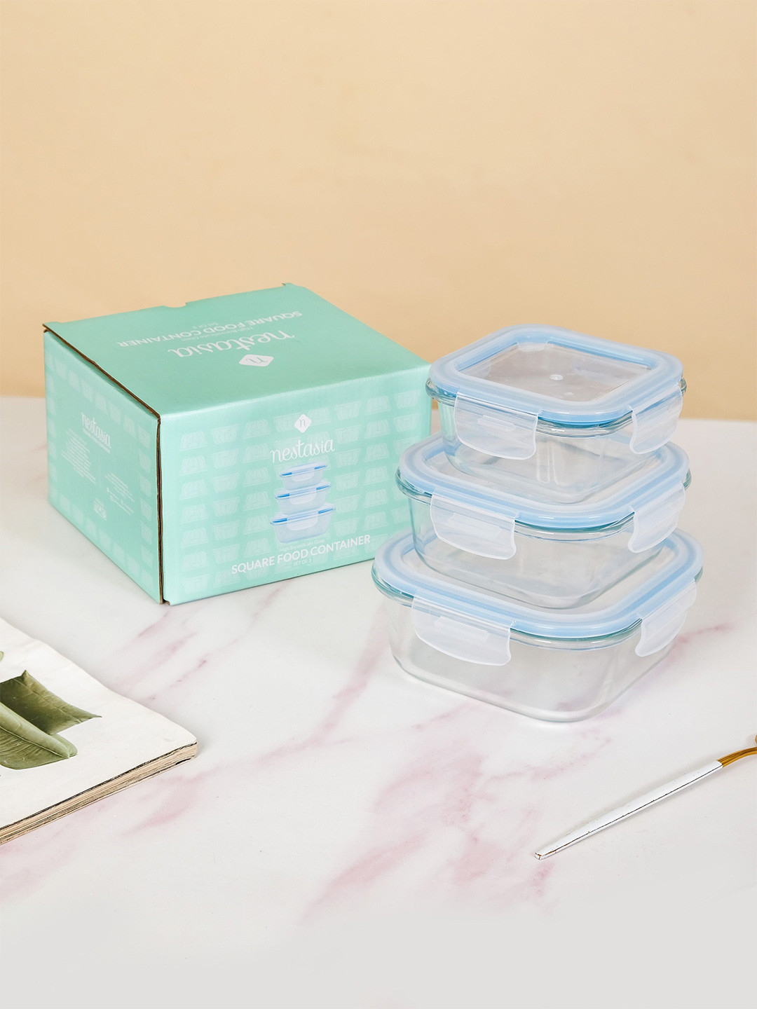 Nestasia 3Pcs Airtight Glass Lunch Boxes 800ml, 500ml, 300ml