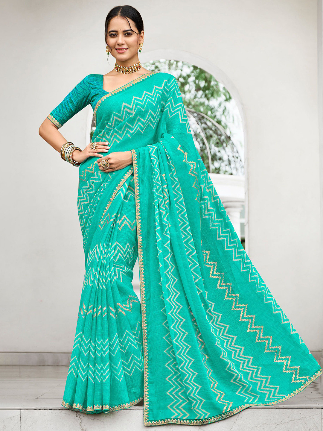 Laxmipati Striped Sequinned Poly Chiffon Saree
