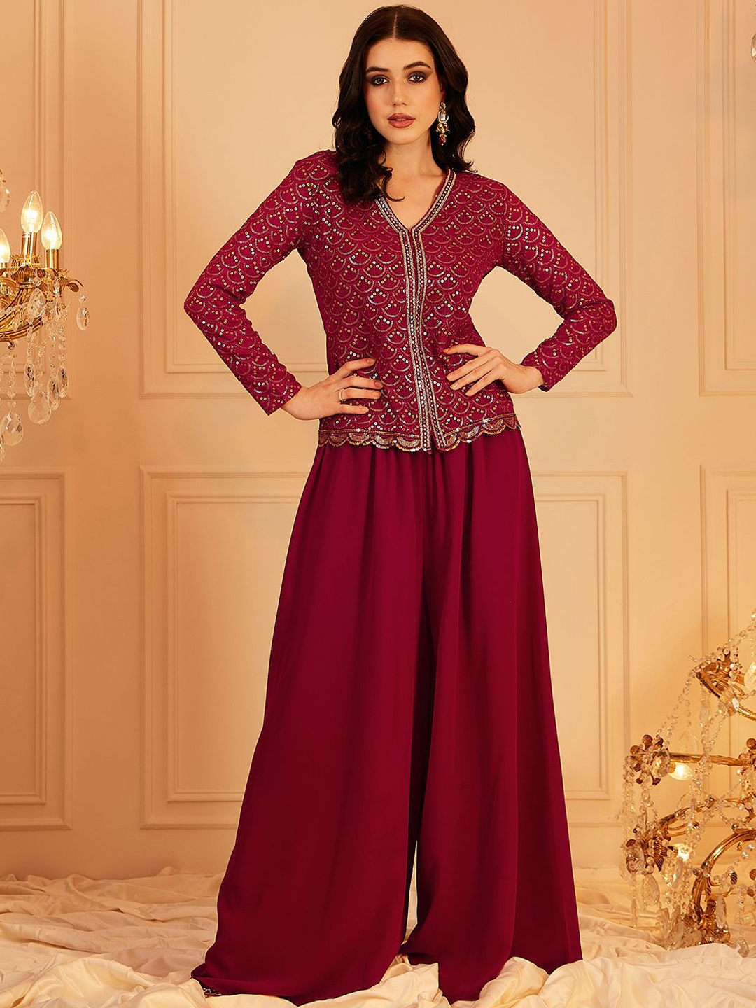 Indo Street Embordered Top With Palazoo Co Ords - Co Ords for Women 30979990 | Myntra