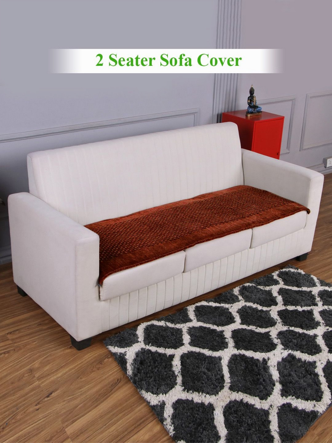 HOKIPO Rust Brown 2 Seater Handloom Thick Poly Velvet Reversible Sofa Mat