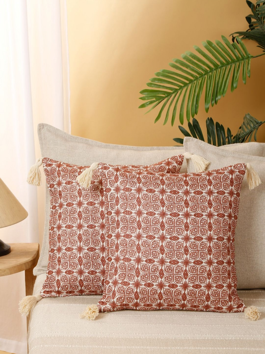 eyda Maroon & Cream 2 Pieces Floral Embroidered Cushion Covers