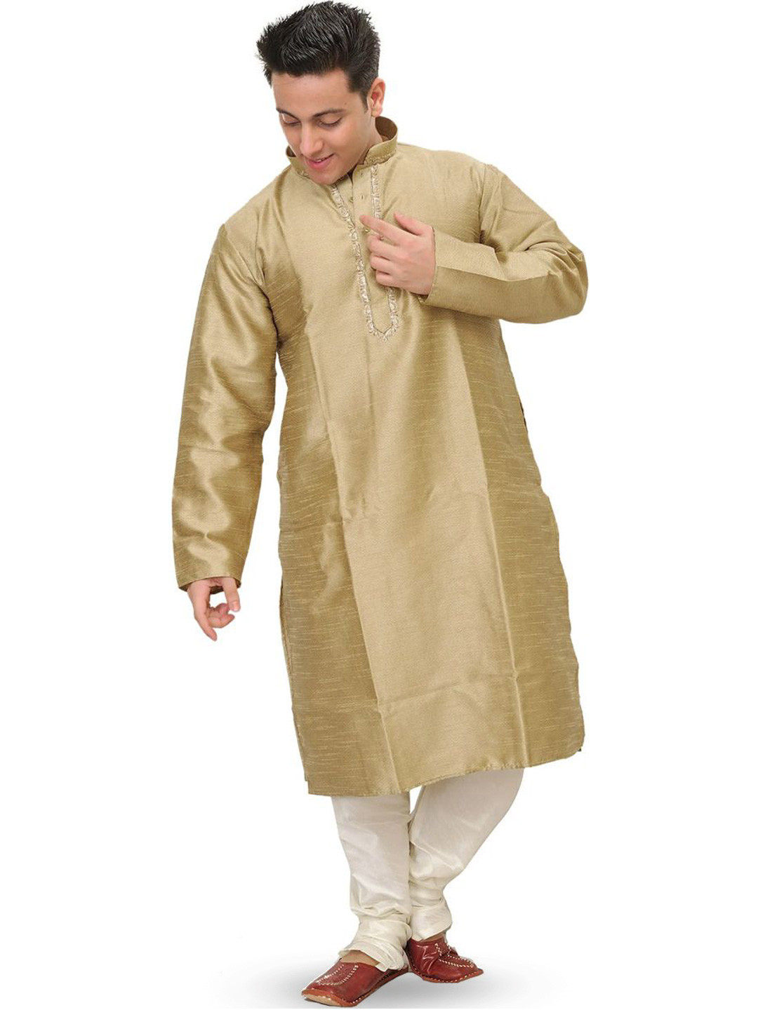 Exotic India Taos Taupe Plain Kurta Pajama Set with Zigzag Weave and Embroidered Neck