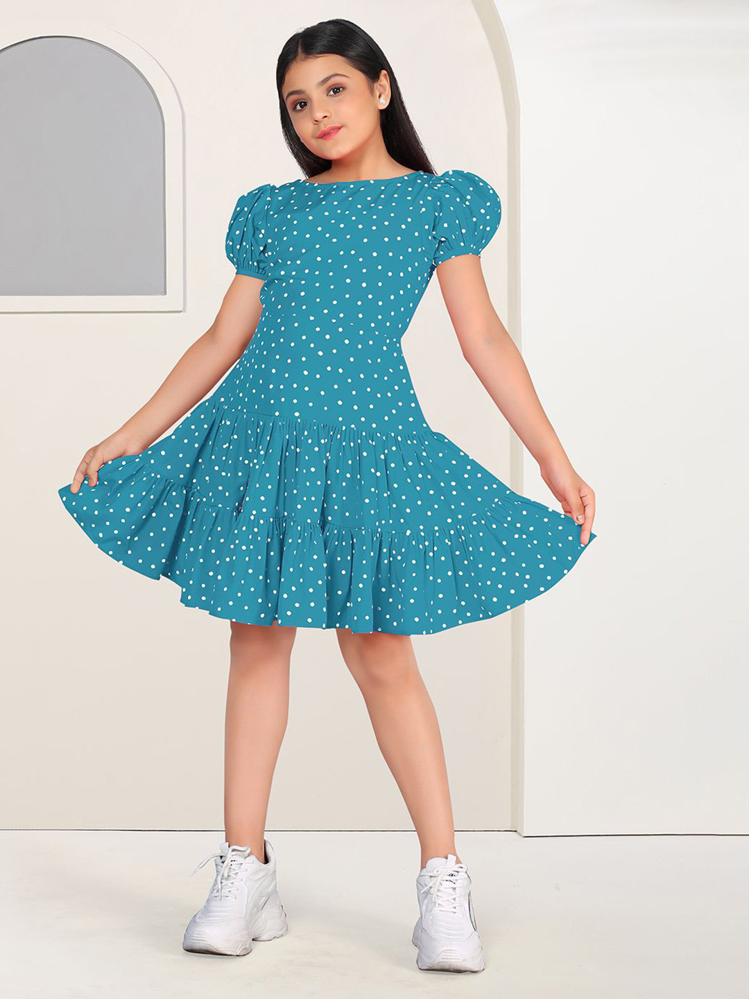 FASHION DREAM Girls Polka Dot Printed Puff Sleeve Fit & Flare Dress