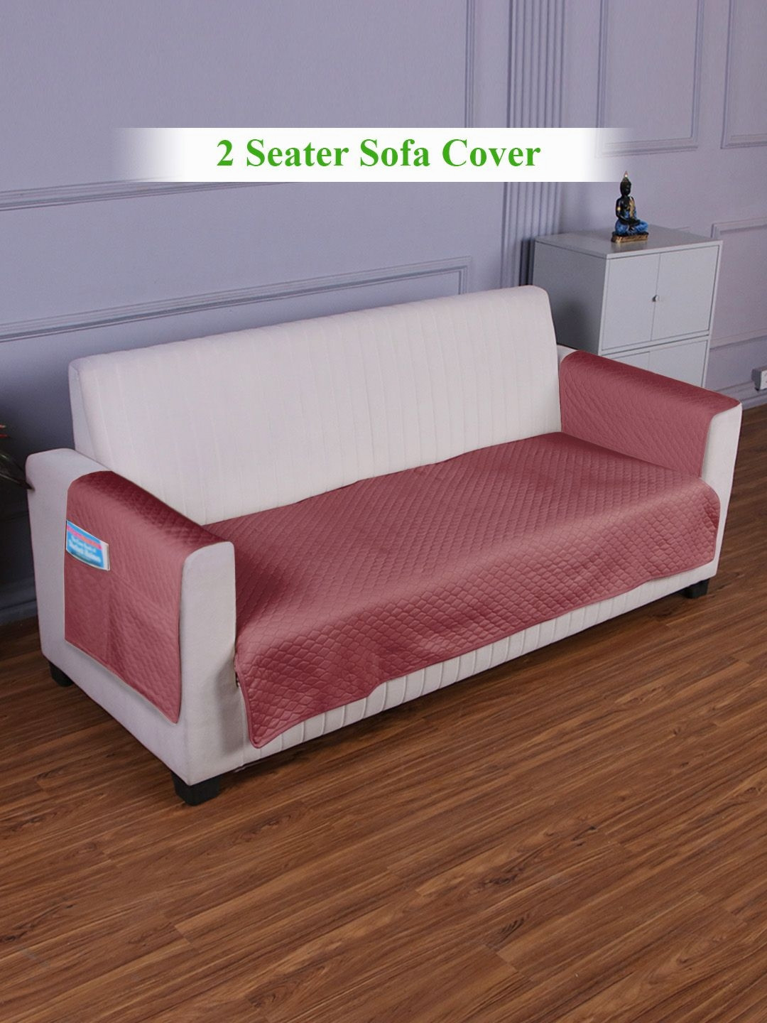 HOKIPO Pink Quilted Polyester 2 Seater Sofa Seat Mat & 2 Armrest Covers With Pockets