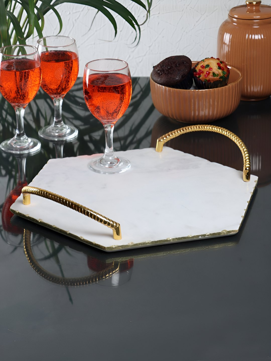 NikkisPride White & Gold Toned Hexagon Shaped Marble Easy to Clean Serving Tray