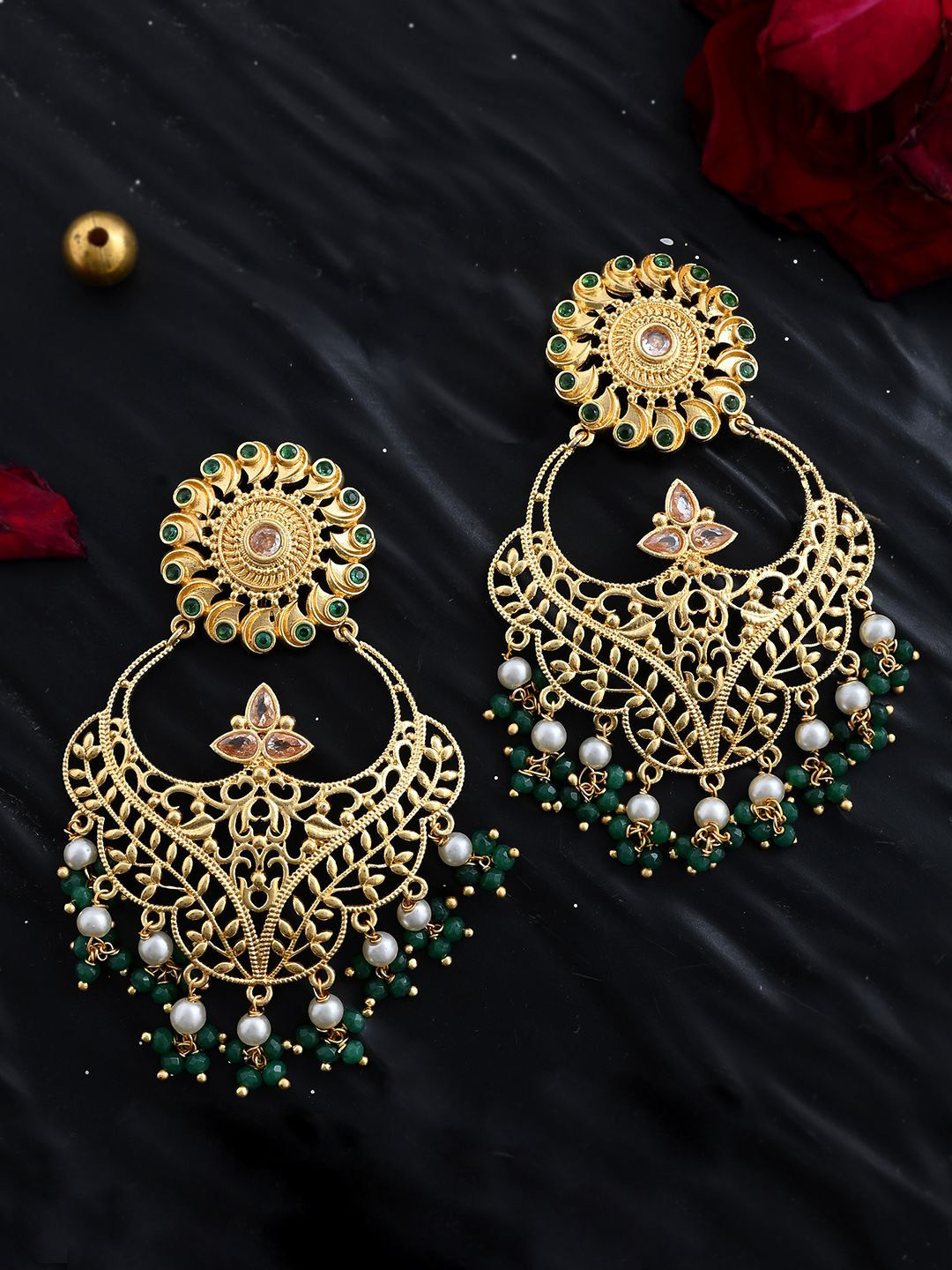 House of Pataudi Gold Plated Pearls Beaded Abharan Filigree Design Drop Earrings