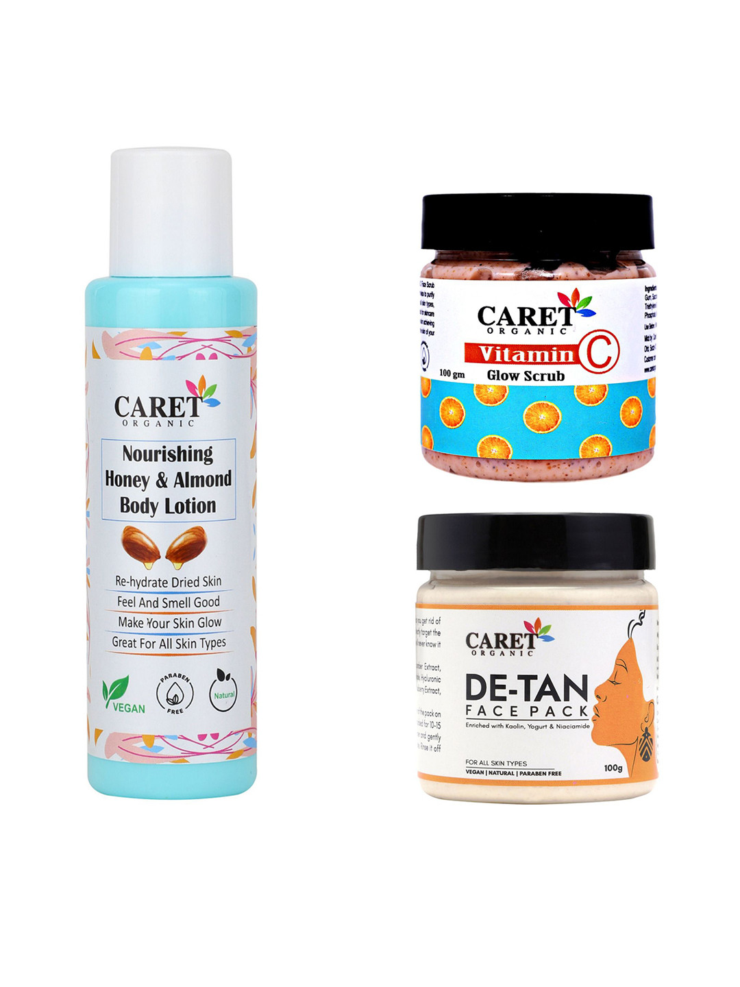 CARET ORGANIC Honey & Almond Body Lotion, Vitamin C Glow Scrub & De-Tan Face Pack